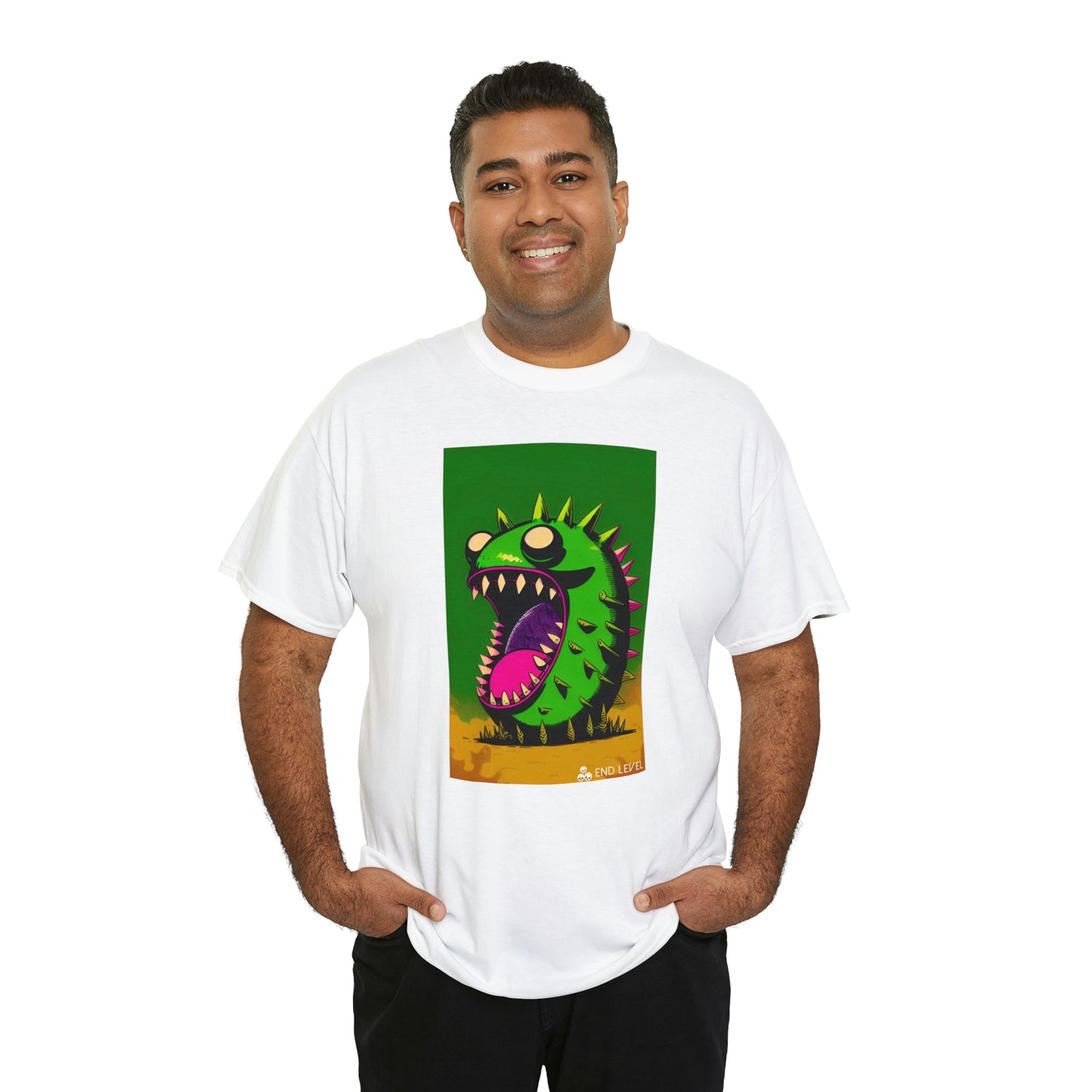 Man wearing Mighty Zook white tee with hands in pockets.