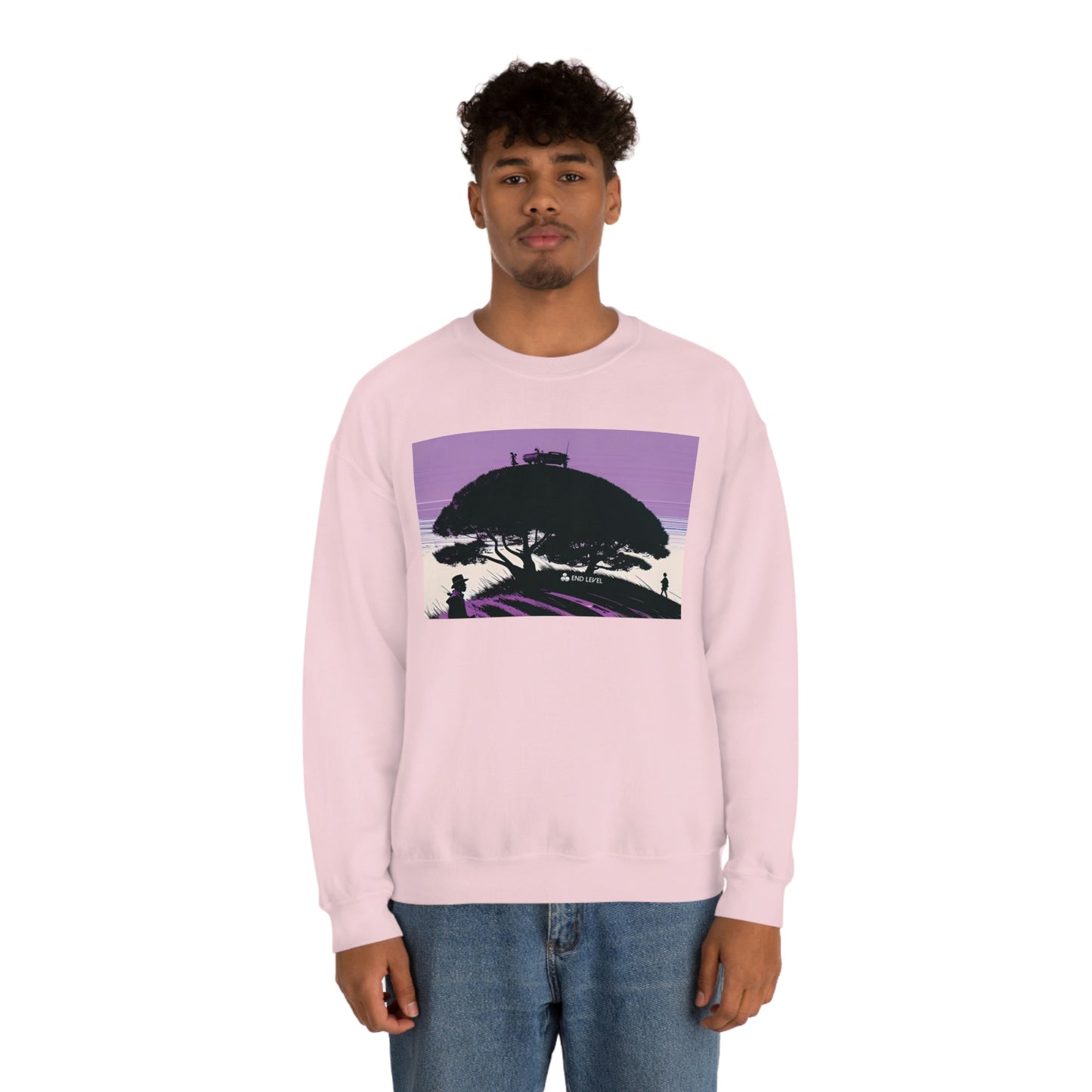 Man wearing pink Tough Parking sweatshirt with blue jeans.