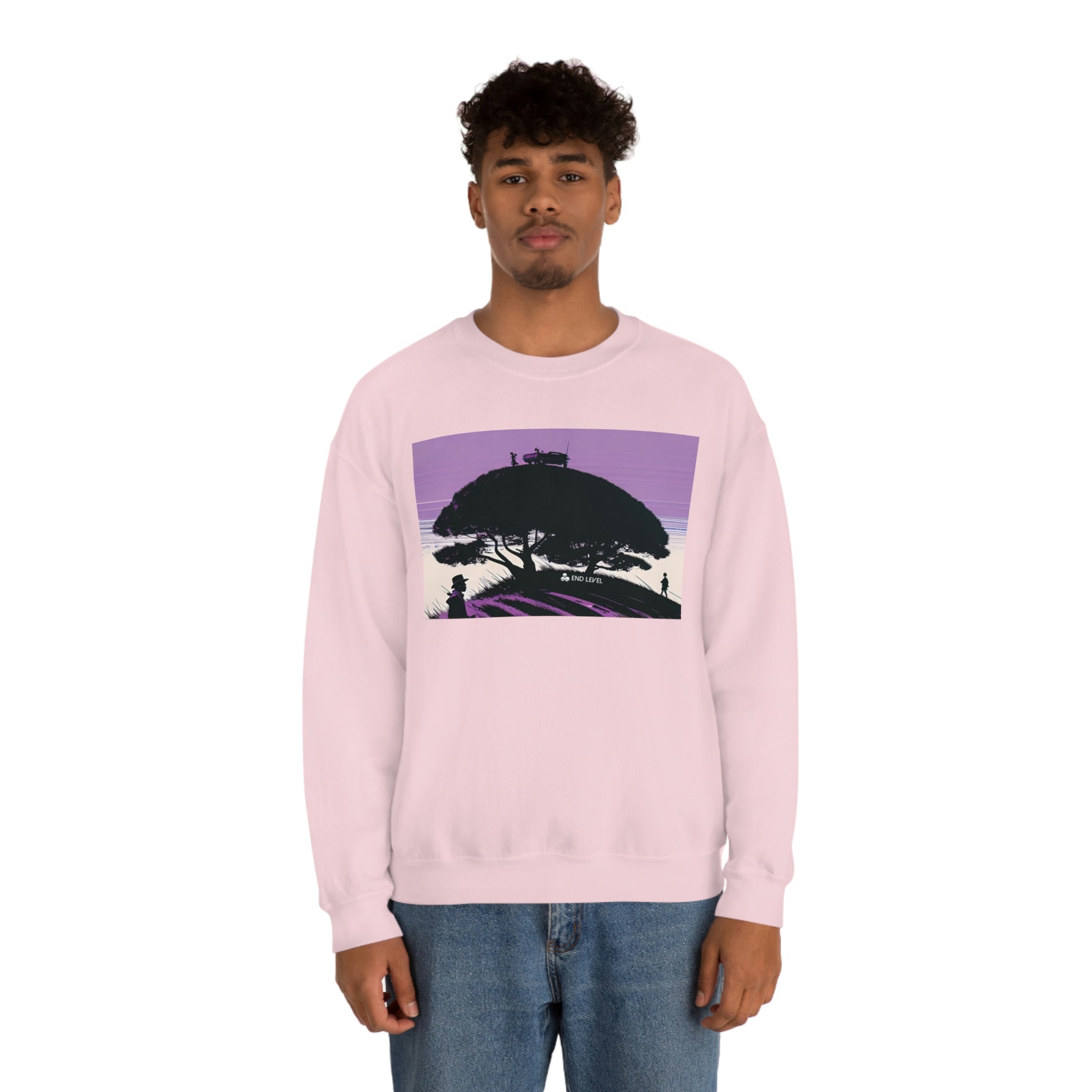 Man wearing pink Tough Parking sweatshirt with blue jeans.
