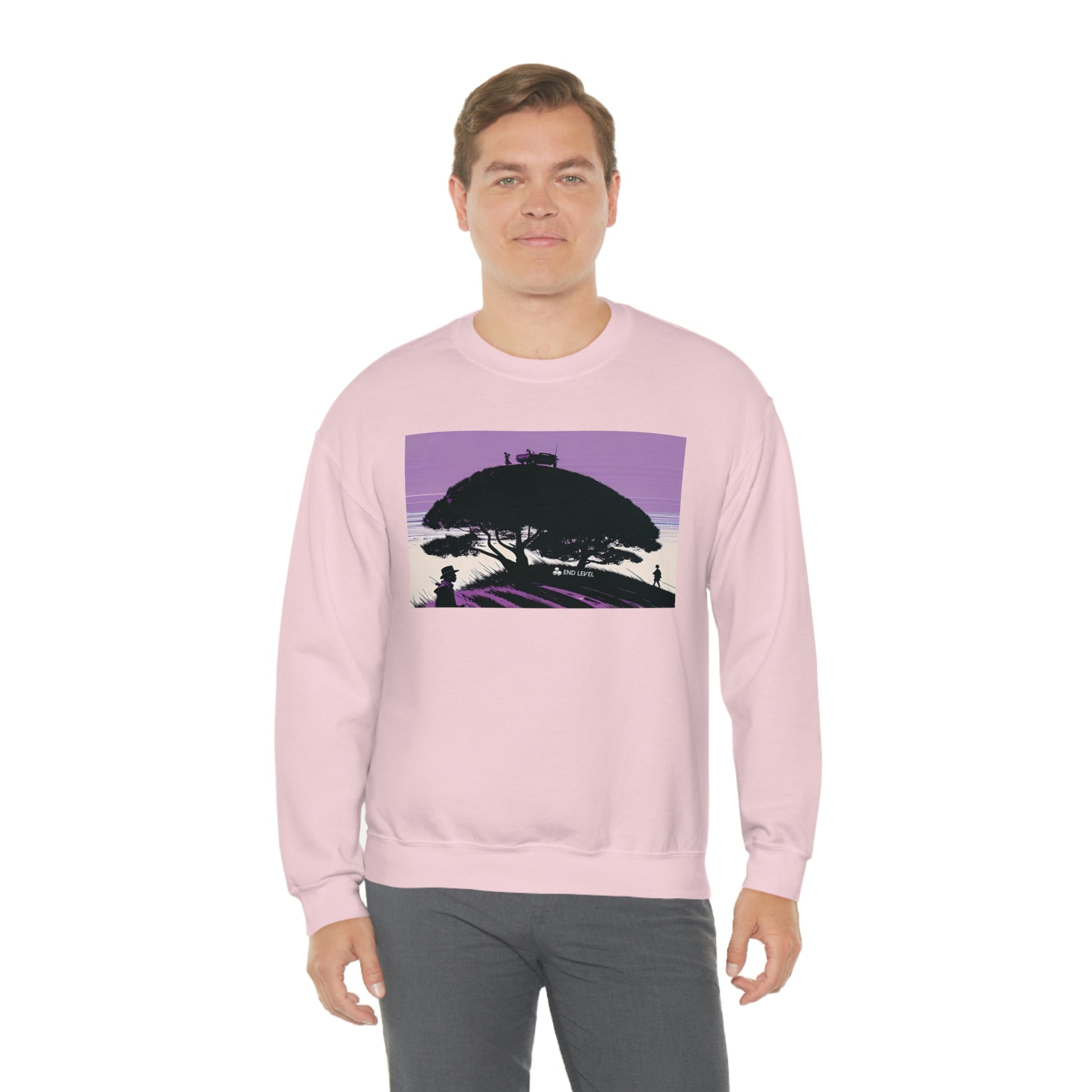 Man wearing pink Tough Parking sweatshirt with grey pants.