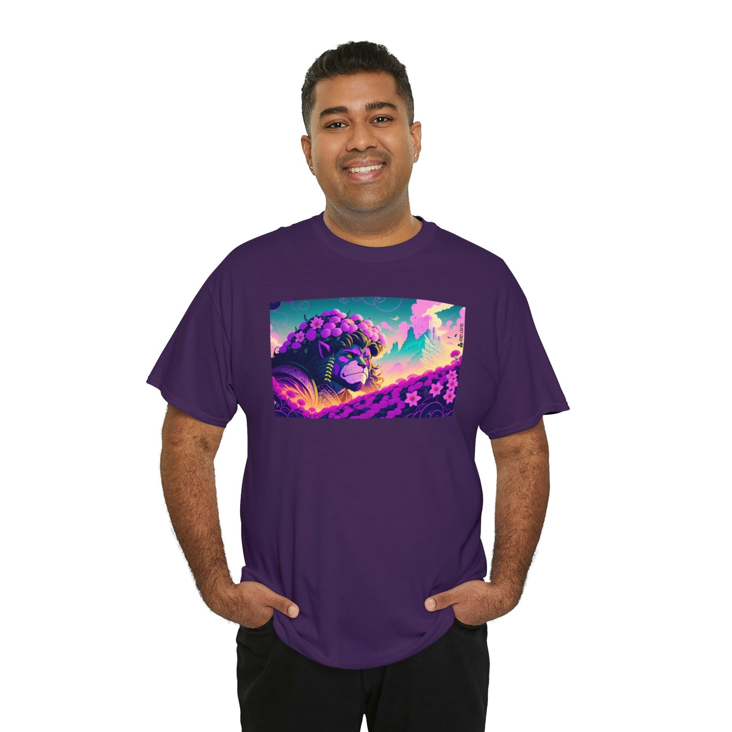 Man wearing purple King Blossom tee with hands in pockets.