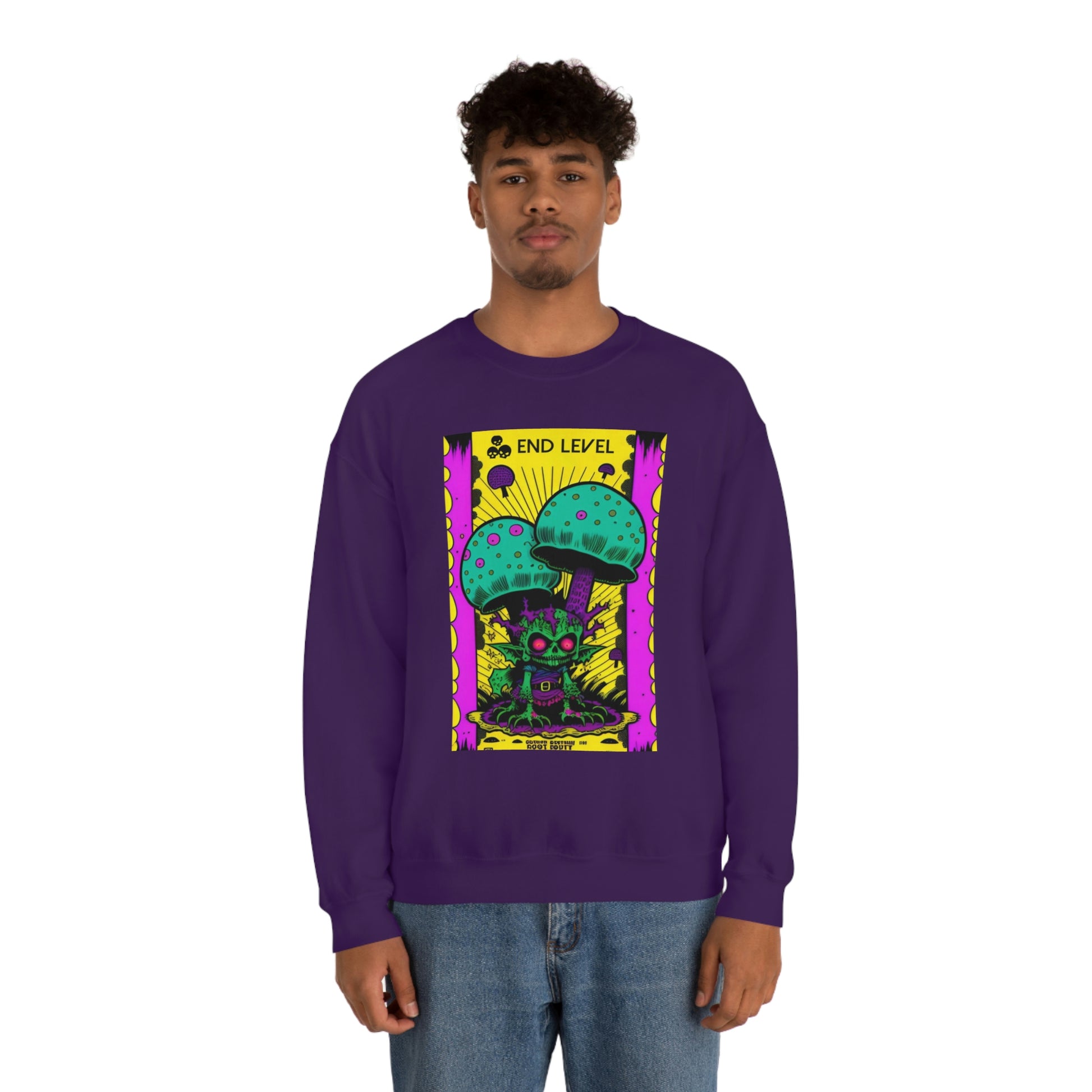 Man wearing purple Tea Time sweatshirt with blue jeans.