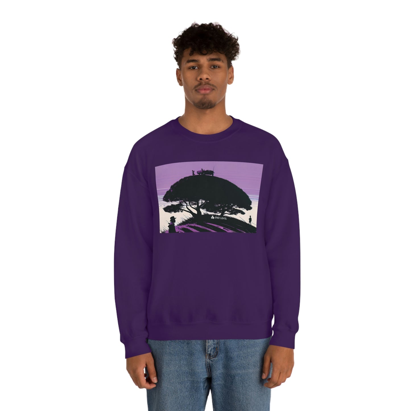 Man wearing purple Tough Parking sweatshirt with blue jeans.