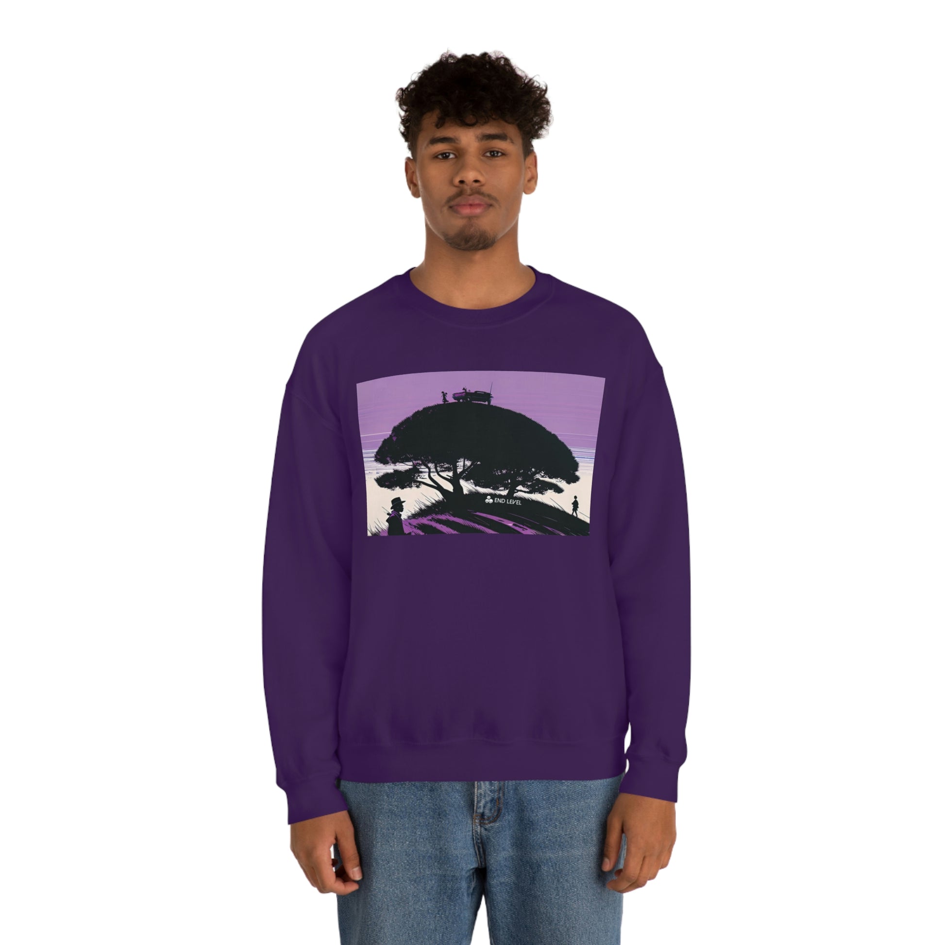 Man wearing purple Tough Parking sweatshirt with blue jeans.
