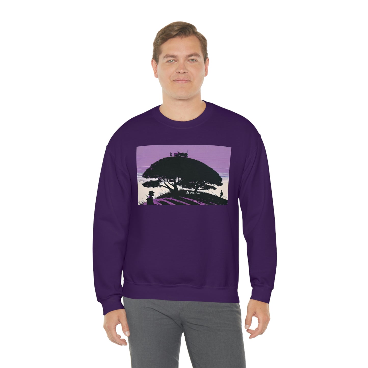 Man wearing purple Tough Parking sweatshirt with grey pants.