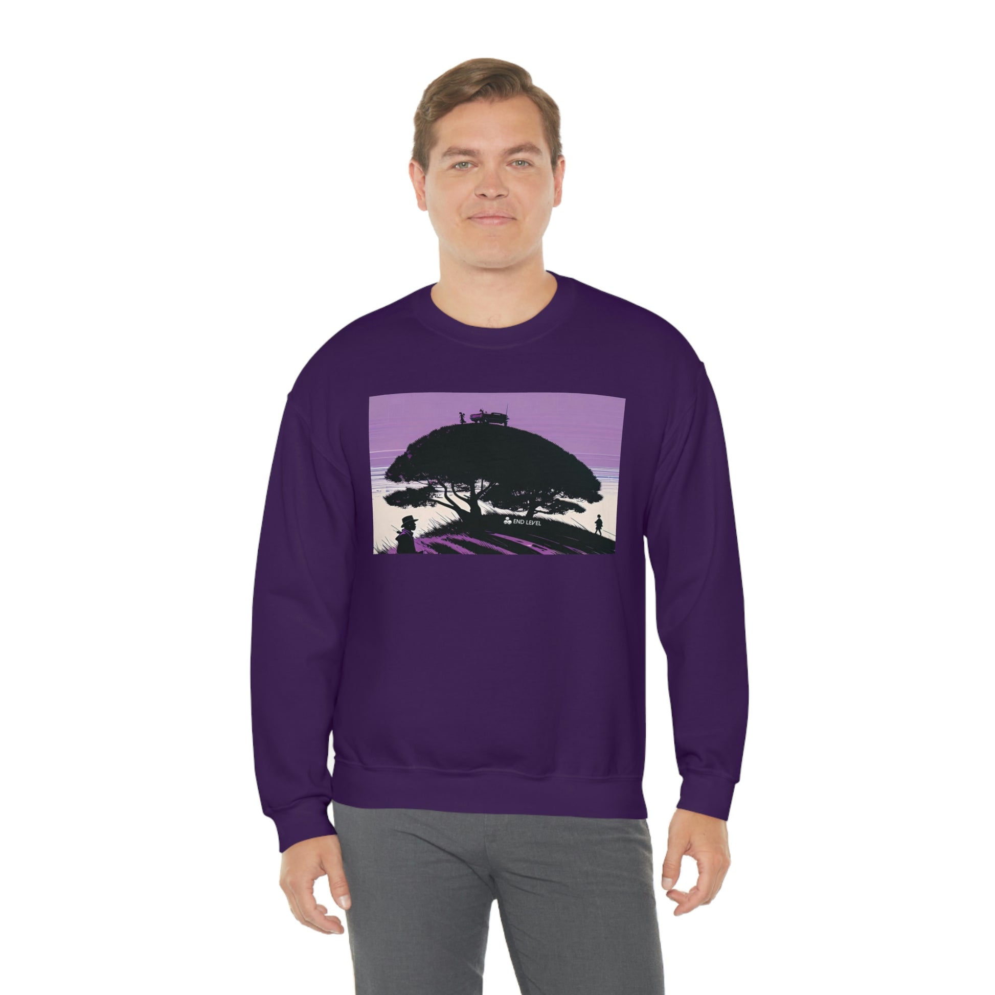 Man wearing purple Tough Parking sweatshirt with grey pants.