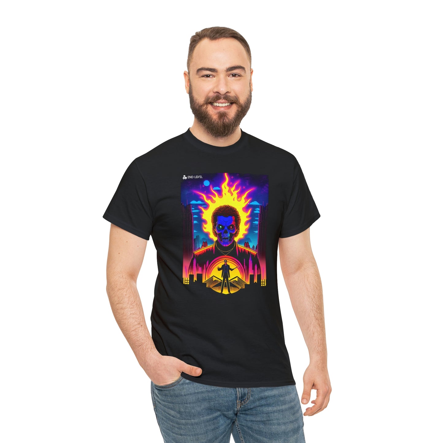 Man wearing Rooster Samurai black tee with hand in right pocket.