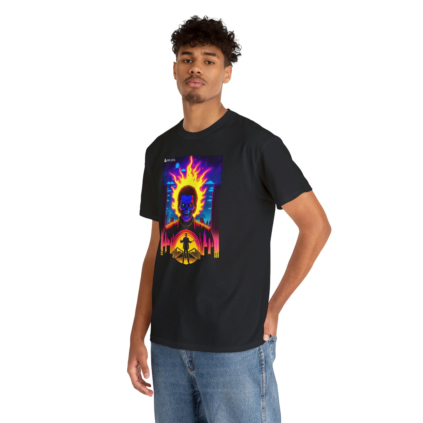 Man wearing Rooster Samurai design black tee with hand in back pocket.