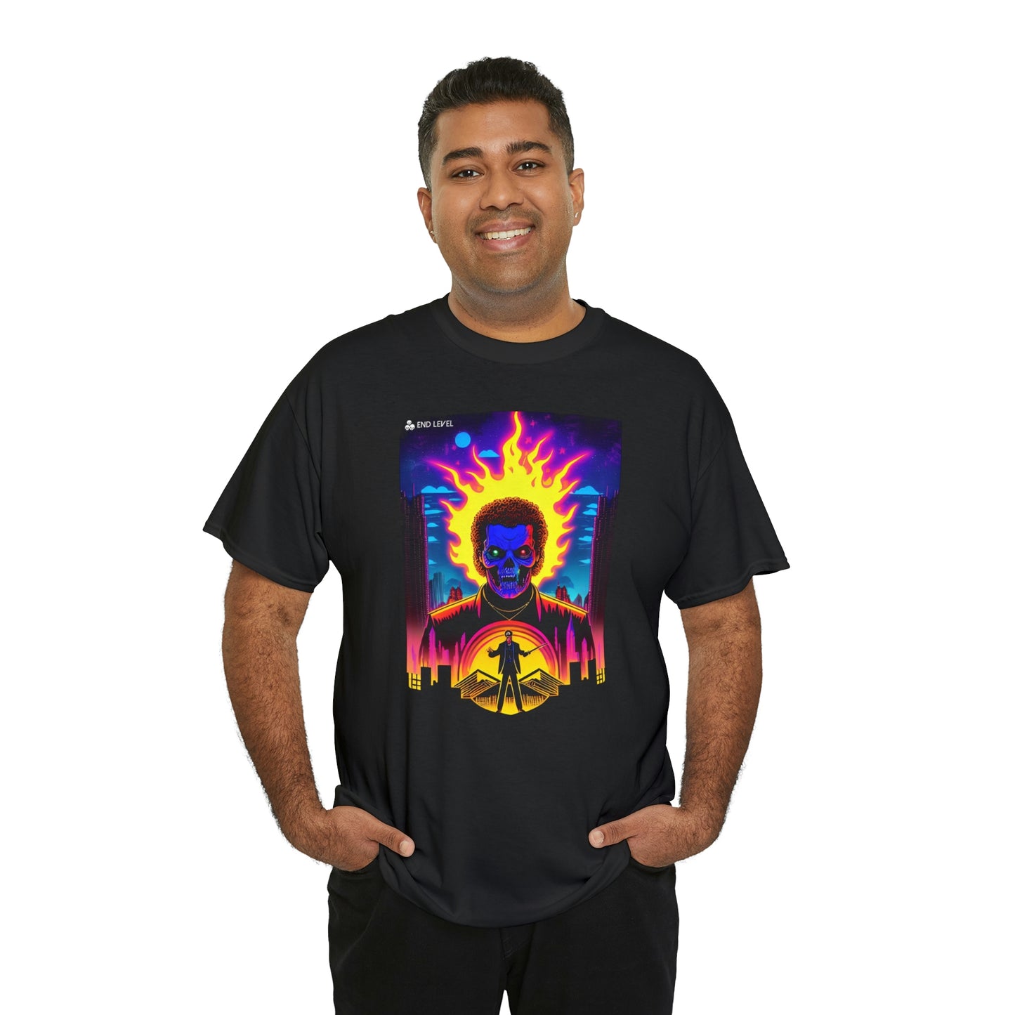 Man wearing Rooster Samurai design black tee with hands in pockets.
