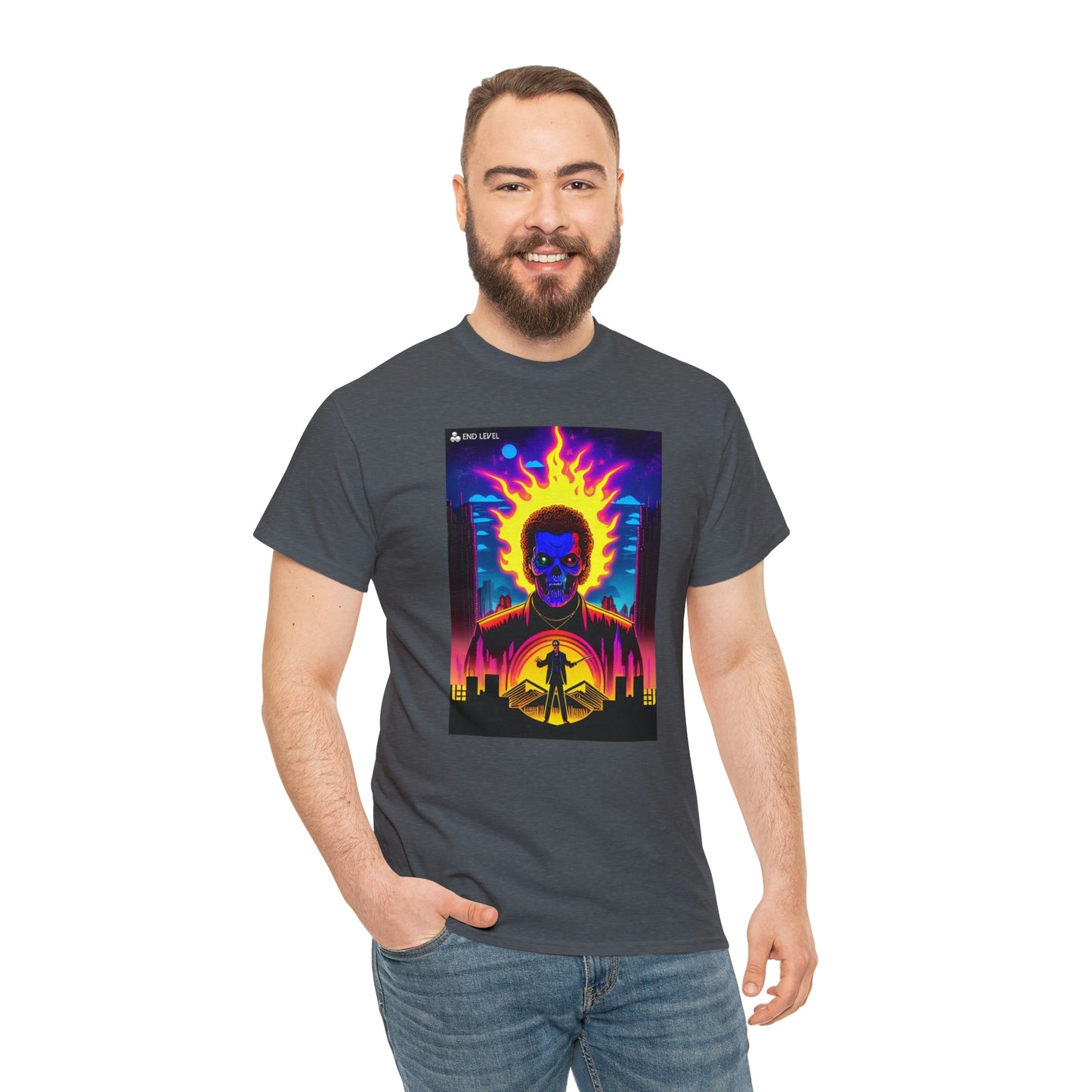 Man wearing Rooster Samurai grey tee with hand in right pocket.