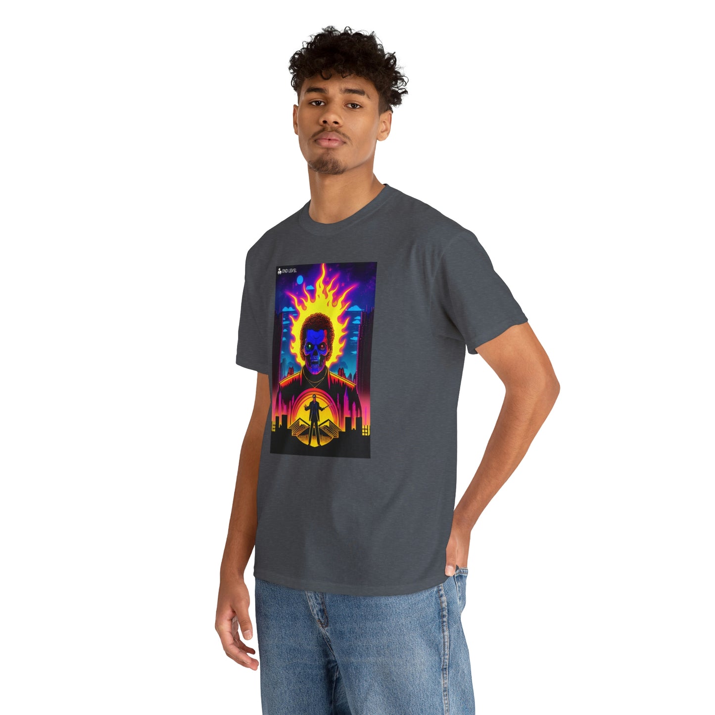 Man wearing Rooster Samurai design grey tee with hand in back pocket.