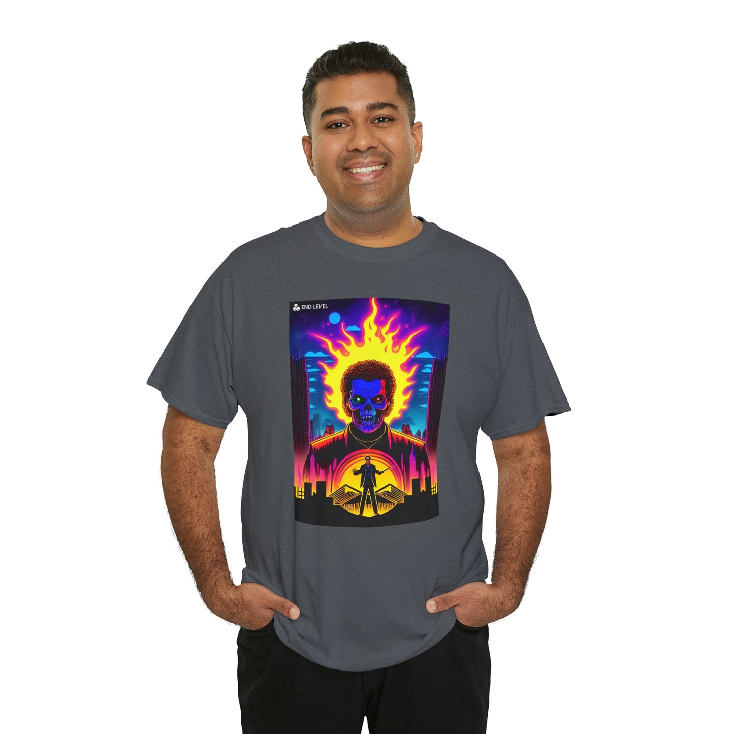 Man wearing Rooster Samurai design grey tee with hands in pockets.