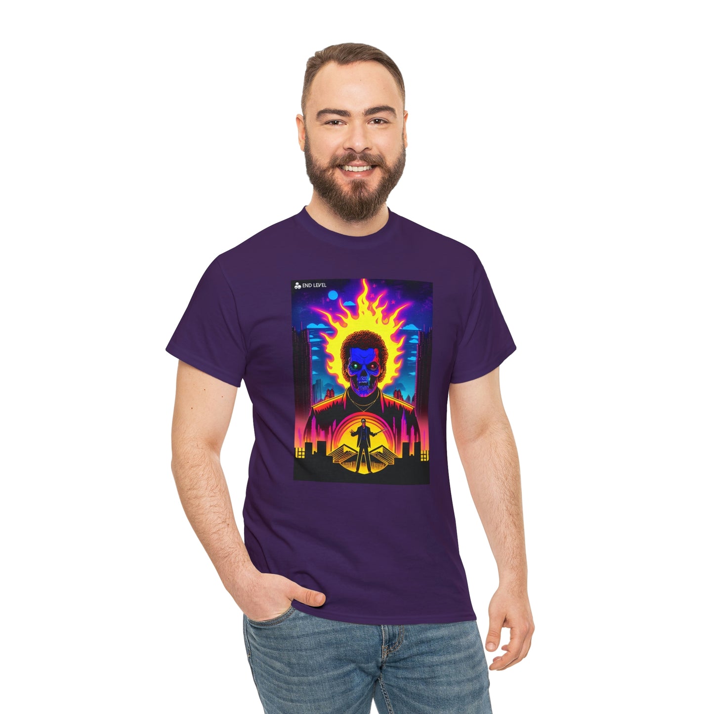 Man wearing Rooster Samurai purple tee with hand in right pocket.