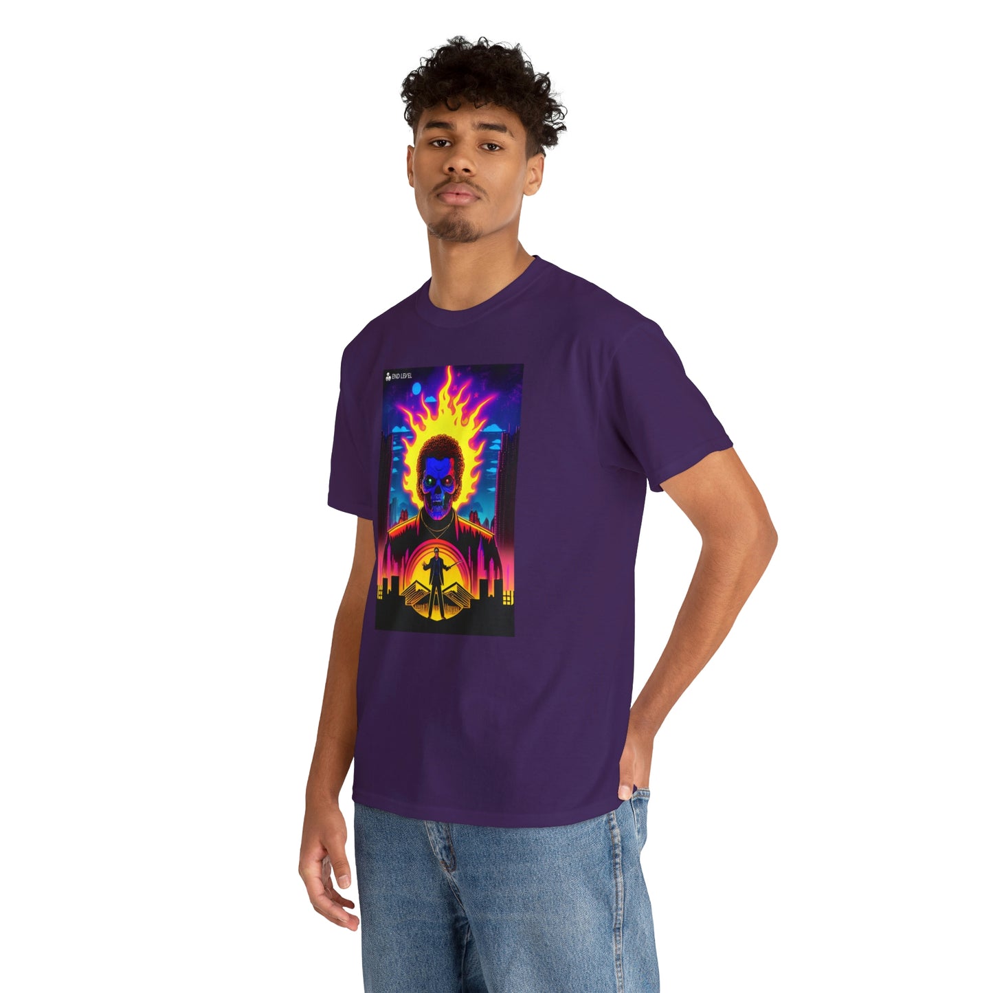 Man wearing Rooster Samurai design purple tee with hand in back pocket.