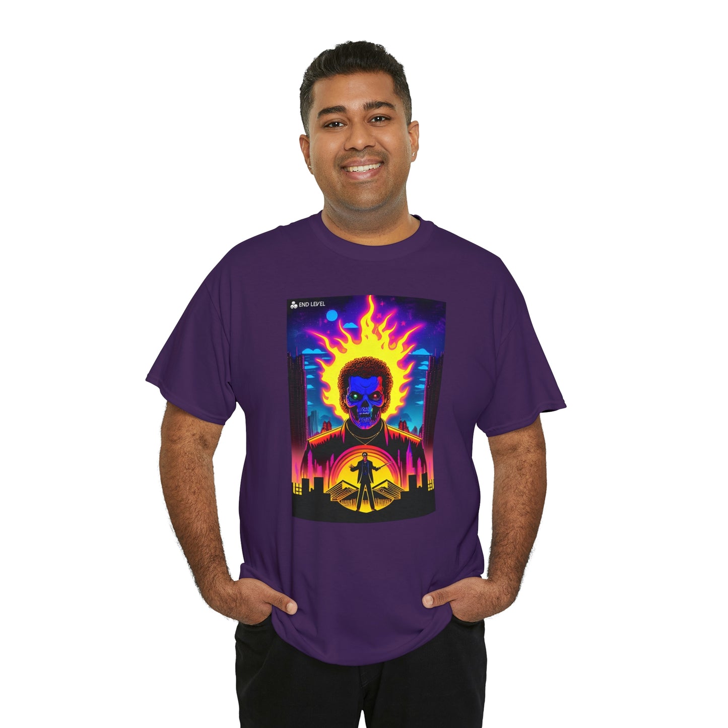 Man wearing Rooster Samurai design purple tee with hands in pockets.