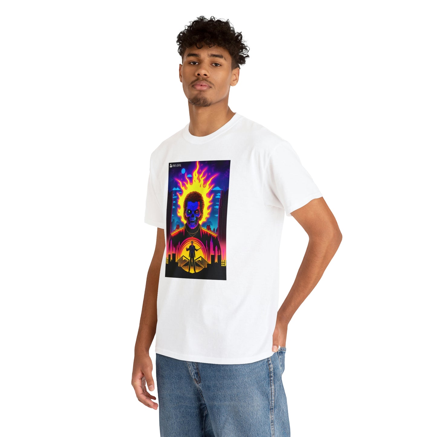 Man wearing Rooster Samurai design white tee with hand in back pocket.