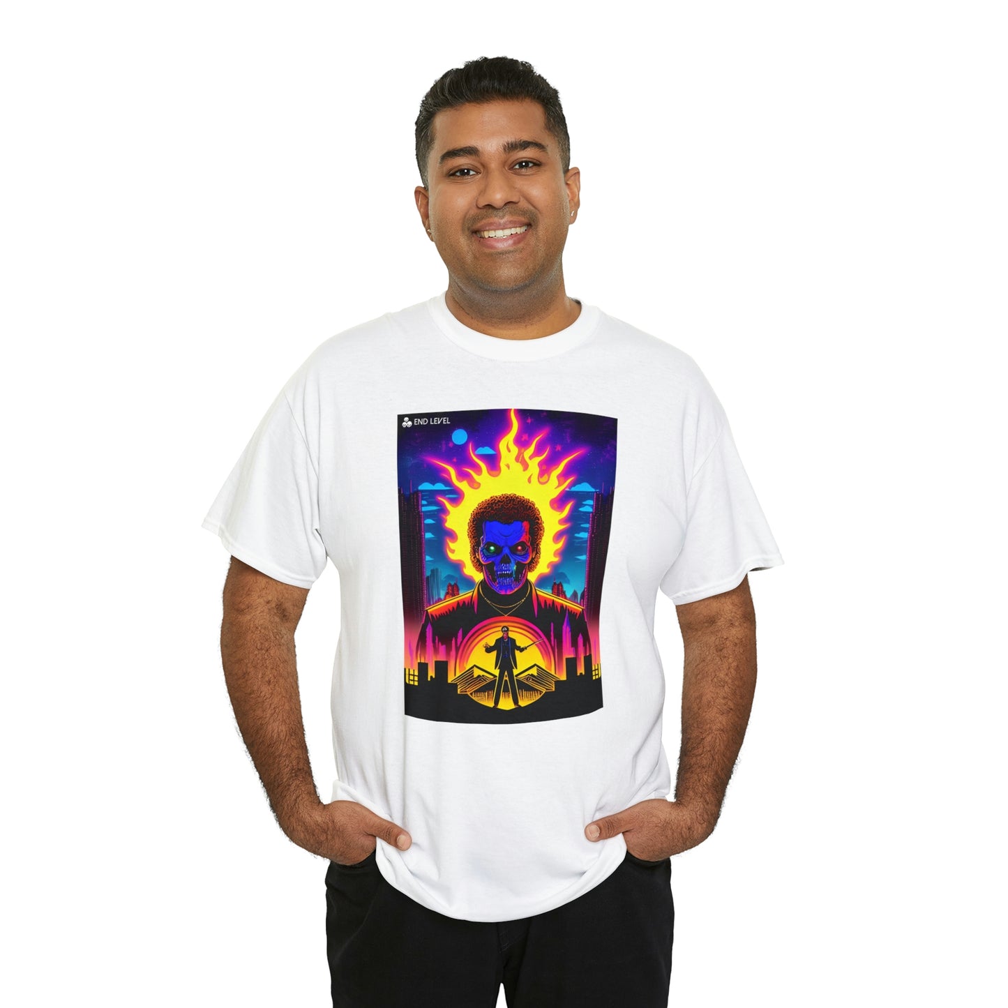 Man wearing Rooster Samurai design white tee with hands in pockets.