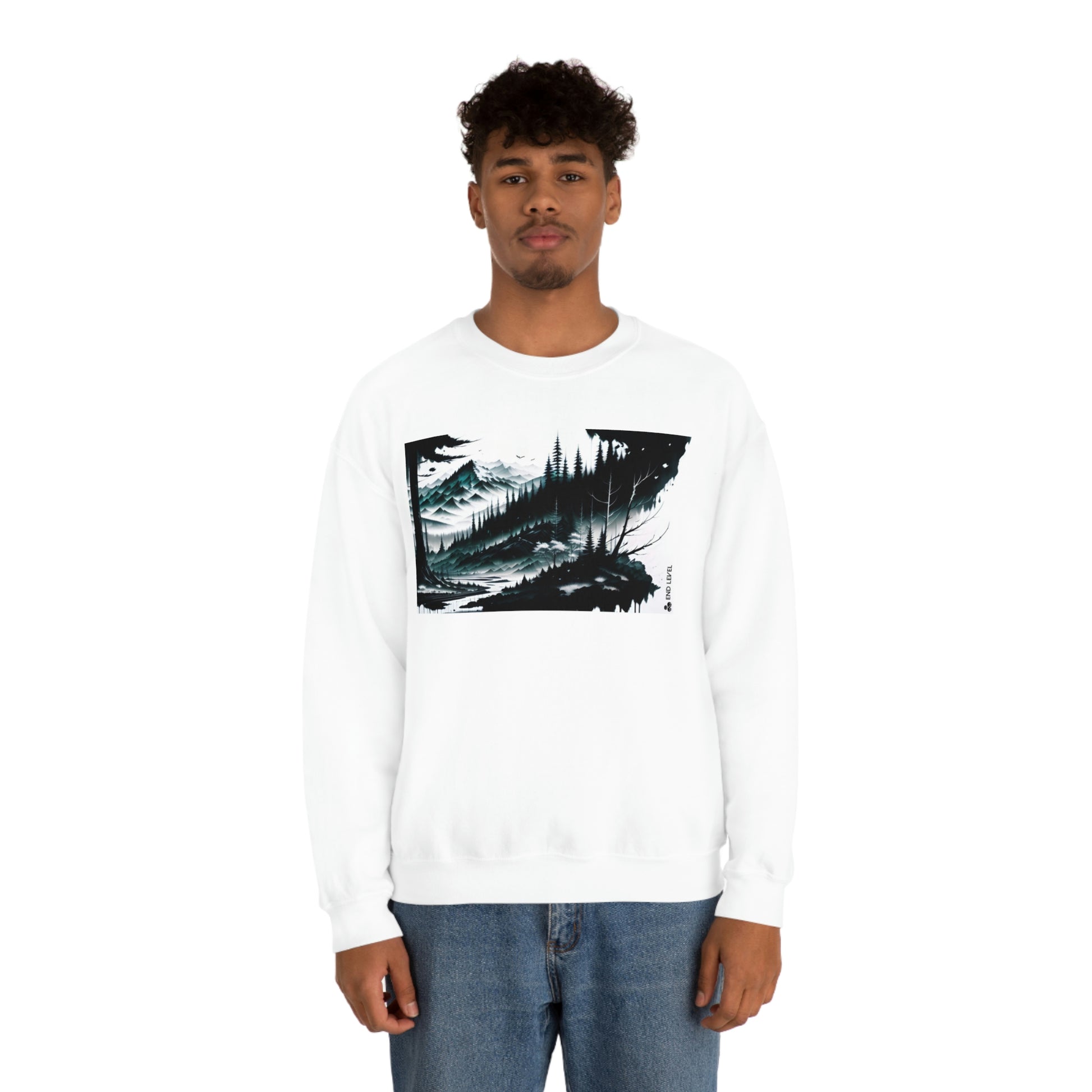 Man wearing white Grim Peak sweatshirt with blue jeans.