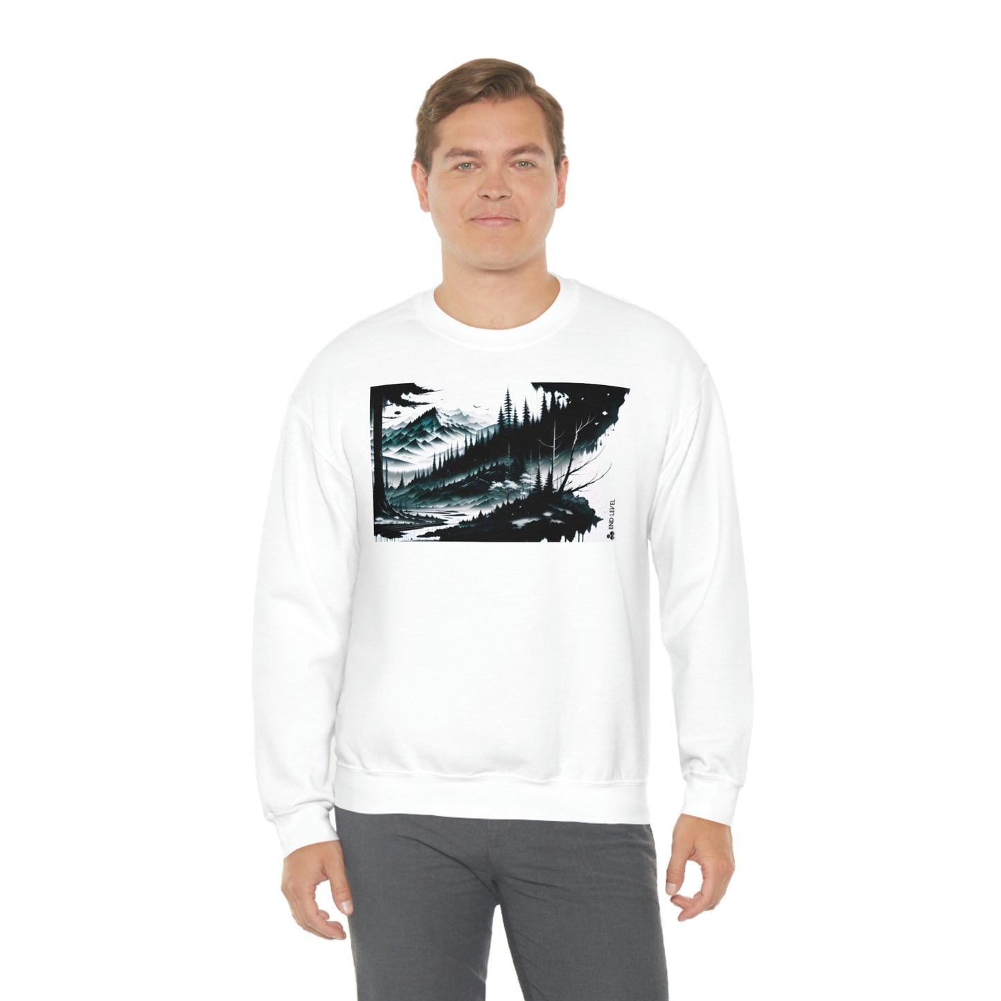 Man wearing white Grim Peak sweatshirt with grey pants.