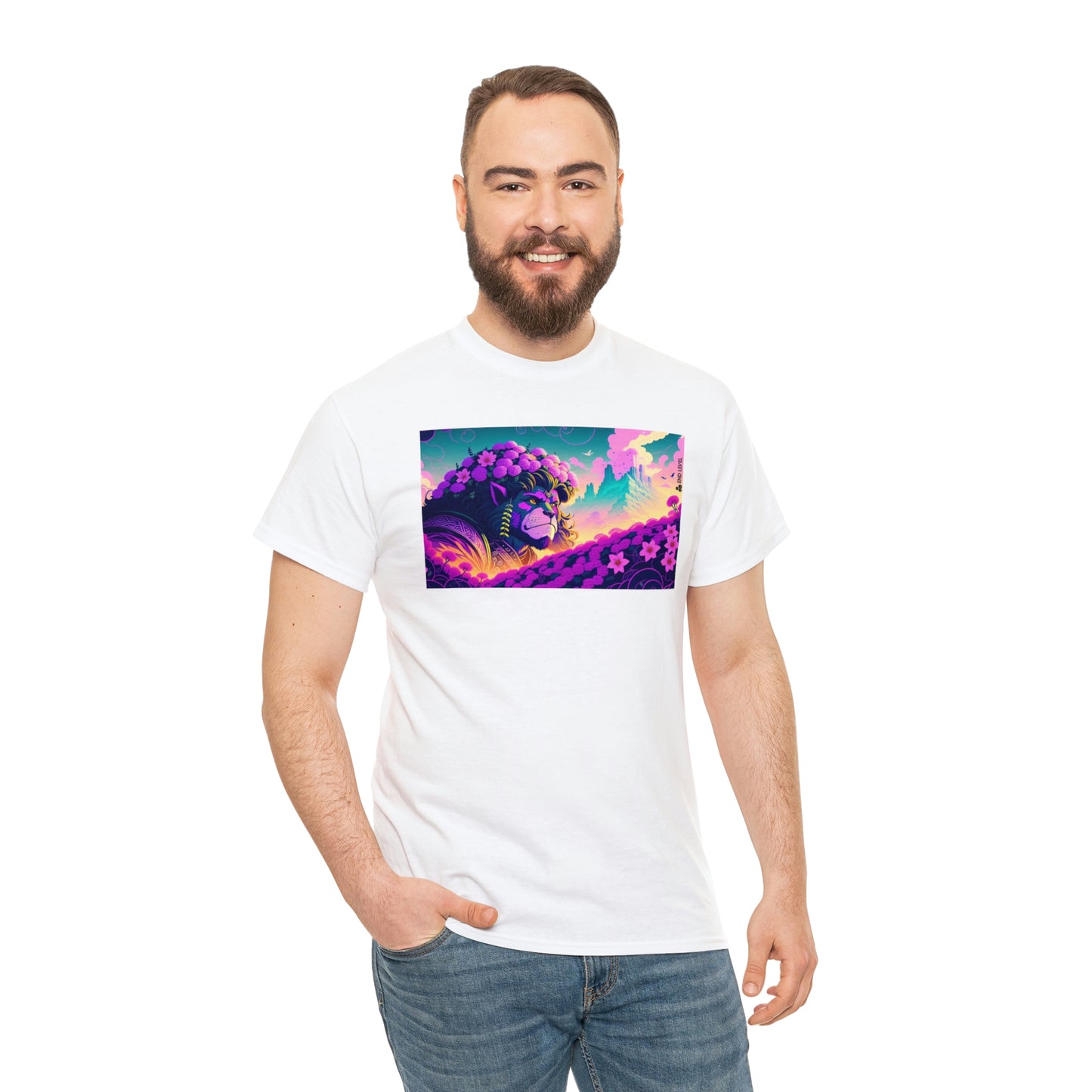 Man wearing white King Blossom tee with hand in right pocket.