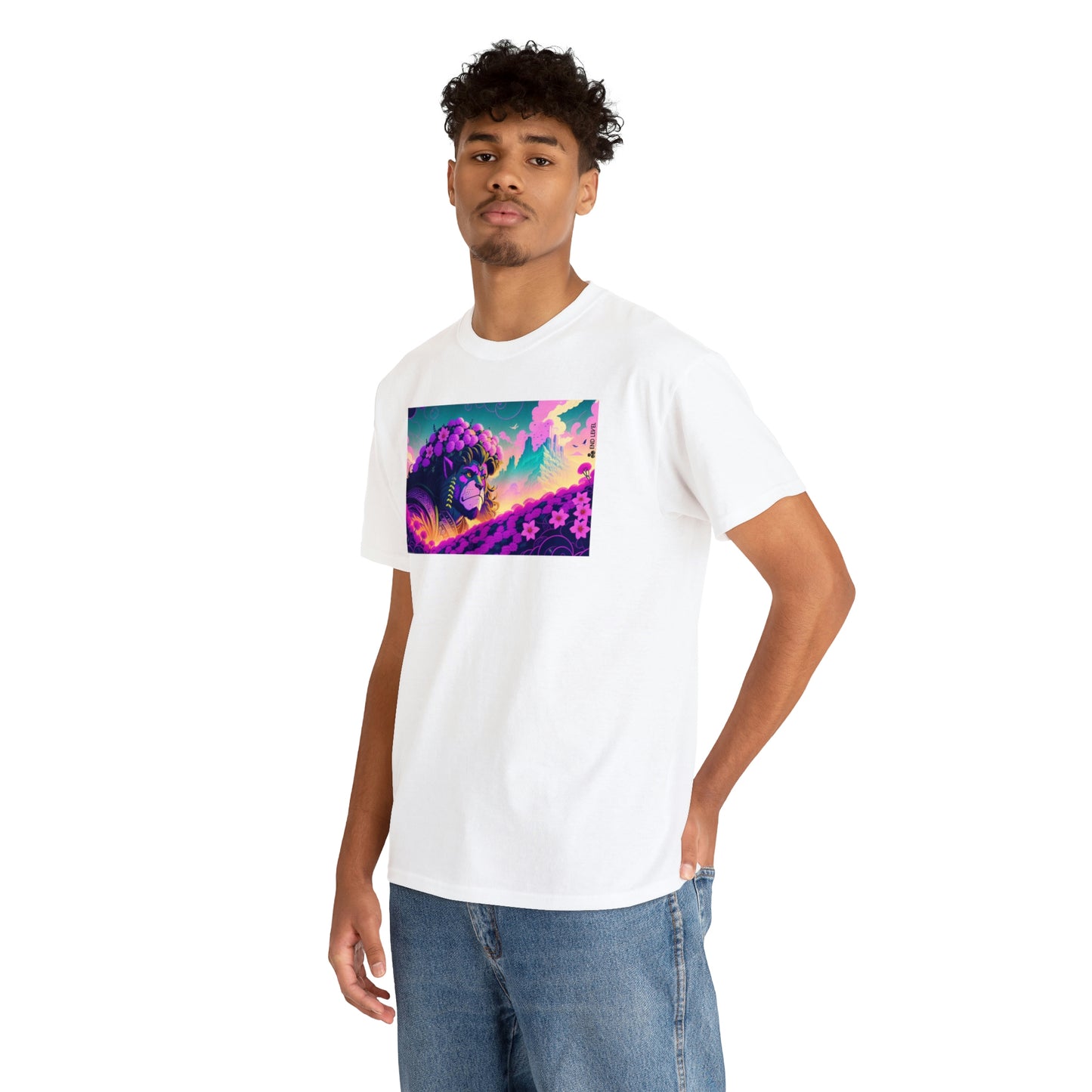 Man wearing white King Blossom tee with hand in back pocket.