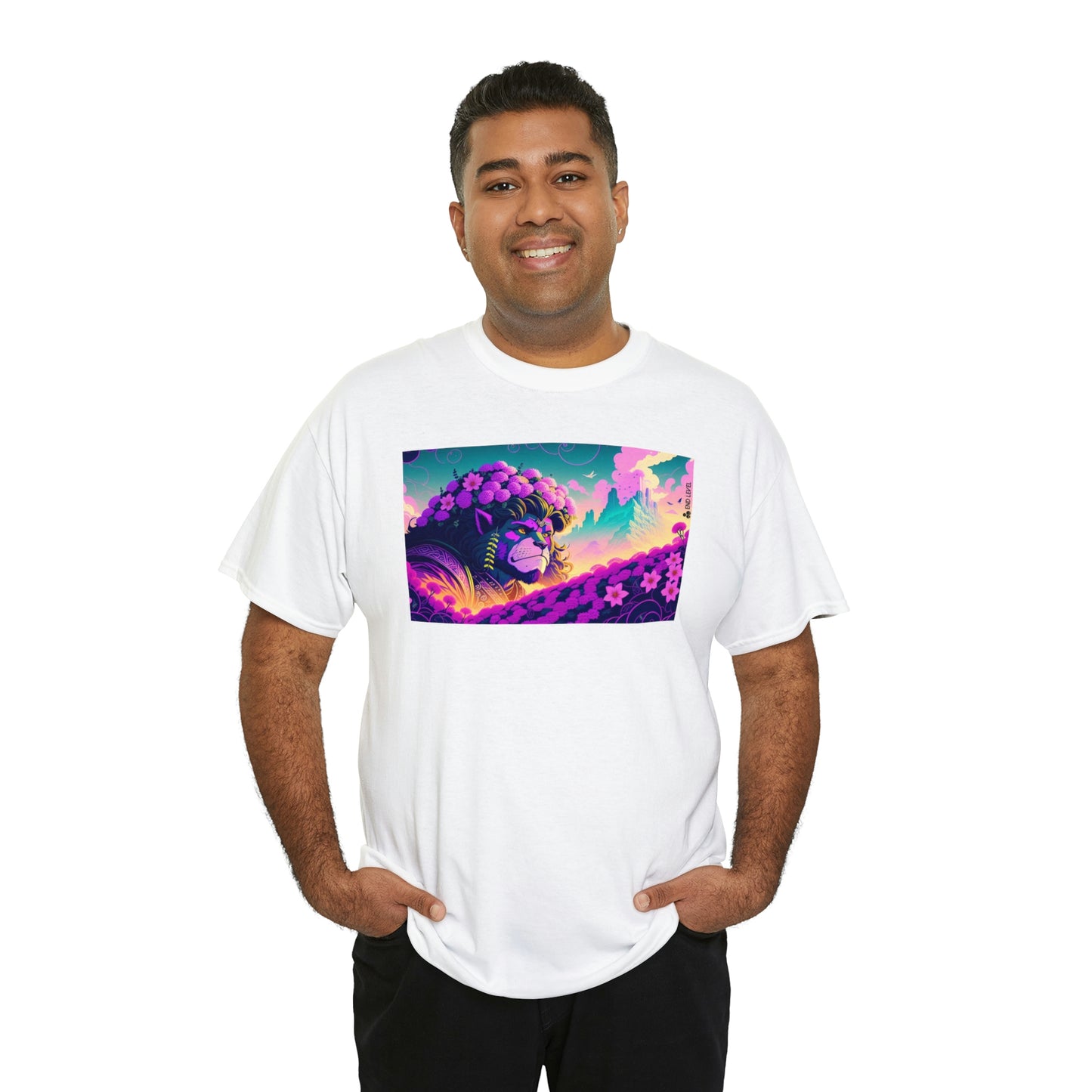 Man wearing white King Blossom tee with hands in pockets.