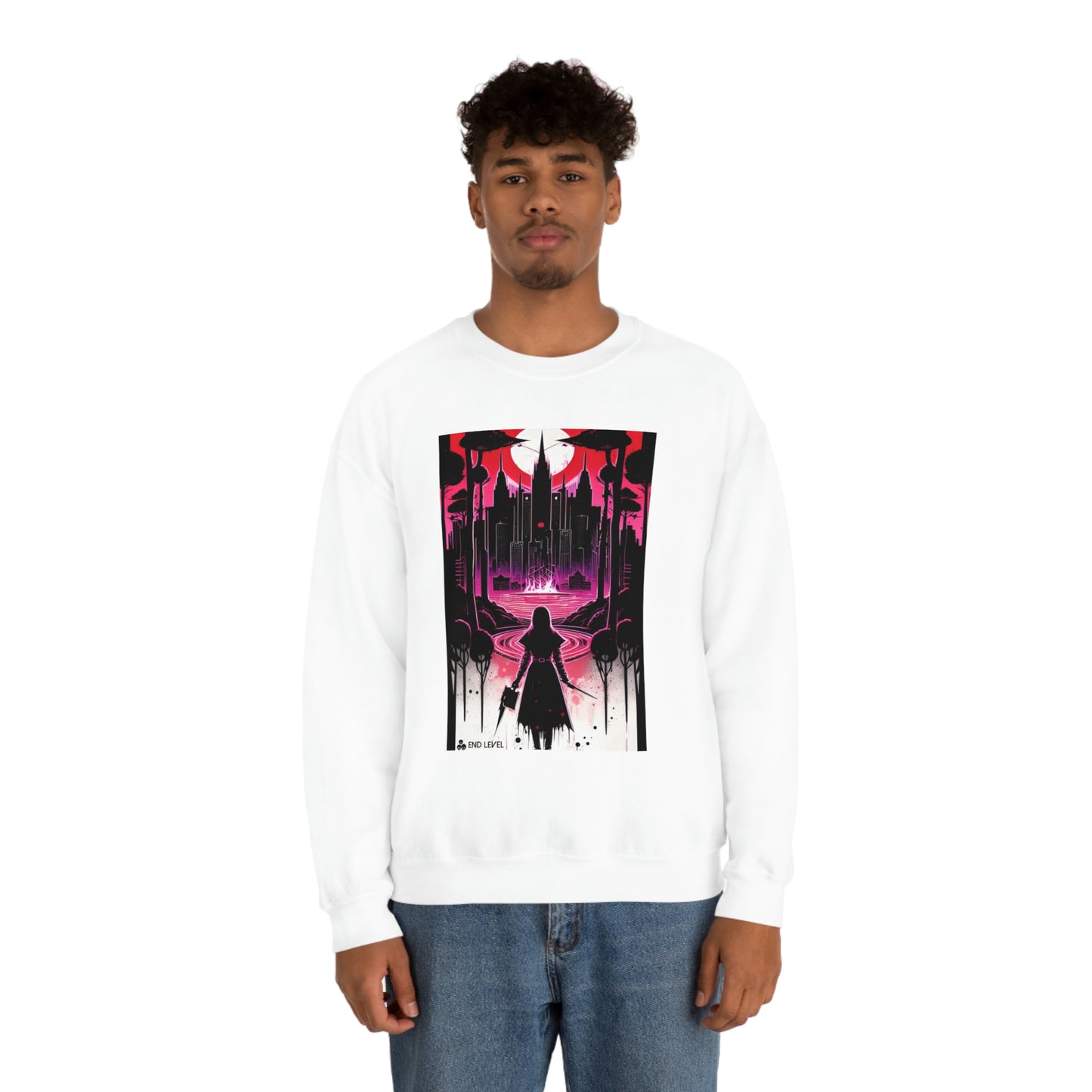 Man wearing black Night Of Malice sweatshirt with blue jeans.