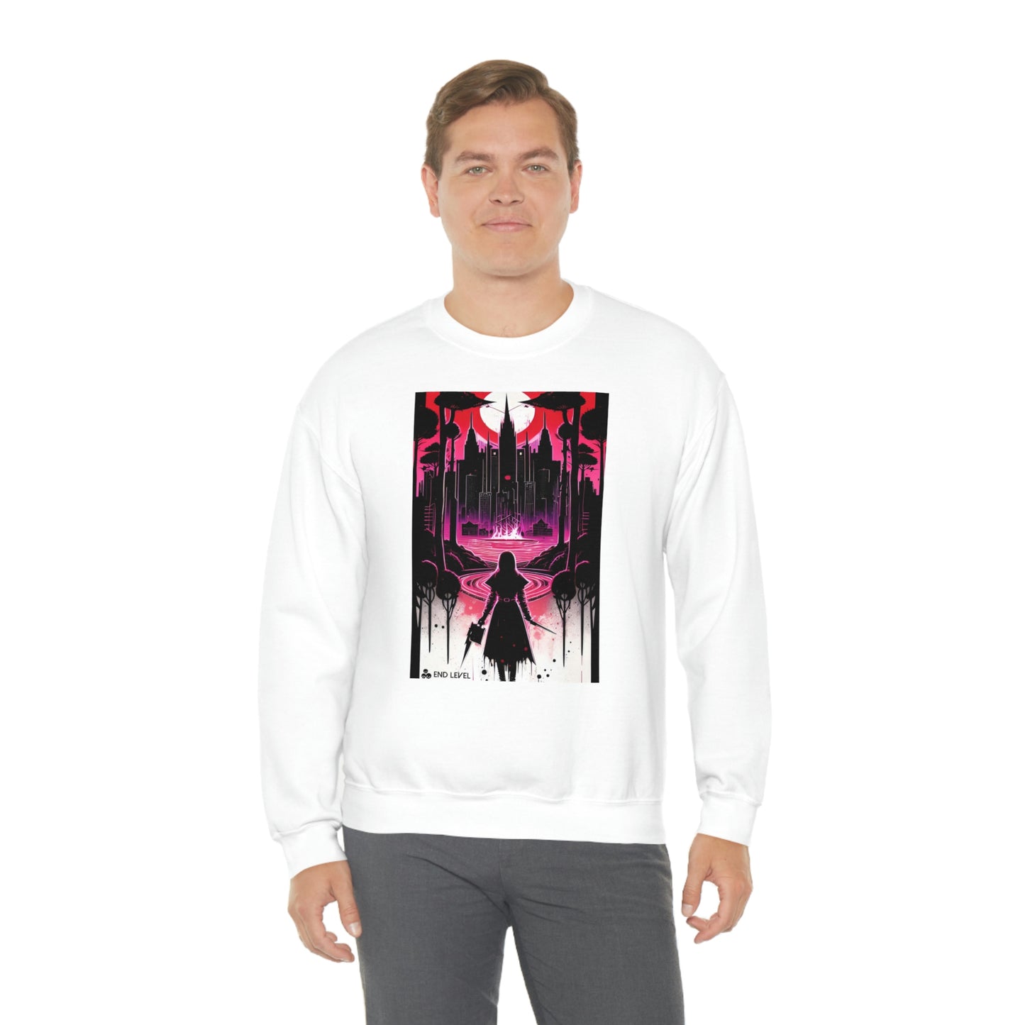 Man wearing white Night Of Malice sweatshirt with grey pants.