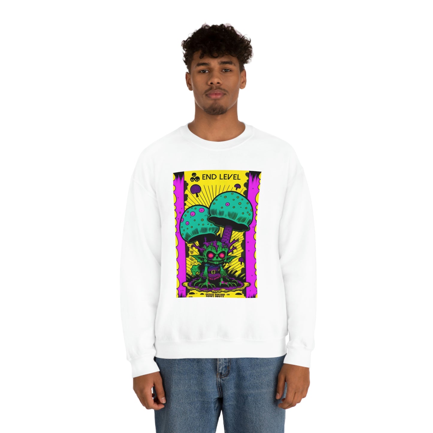 Man wearing white Tea Time sweatshirt with blue jeans.