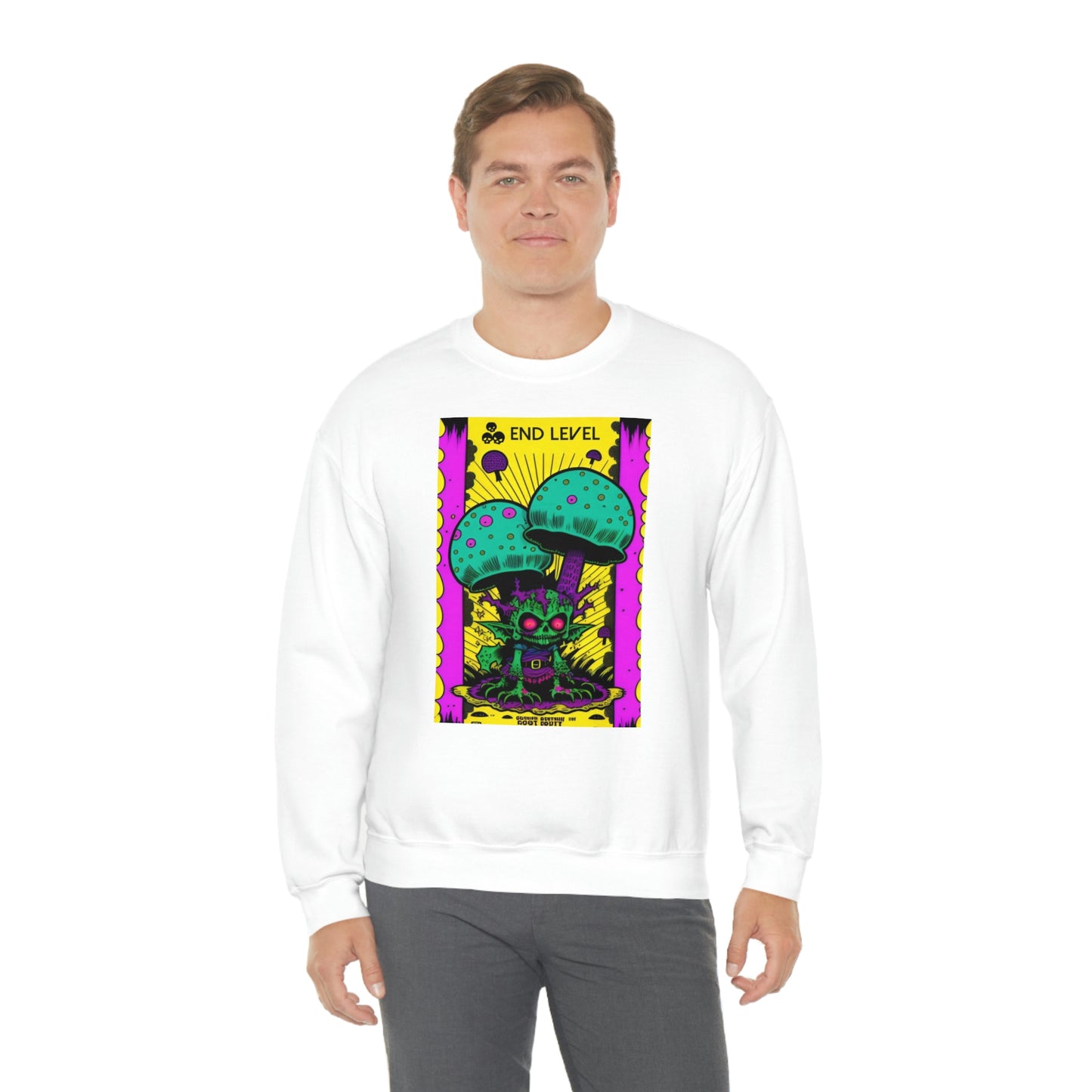 Man wearing white Tea Time sweatshirt with grey pants.