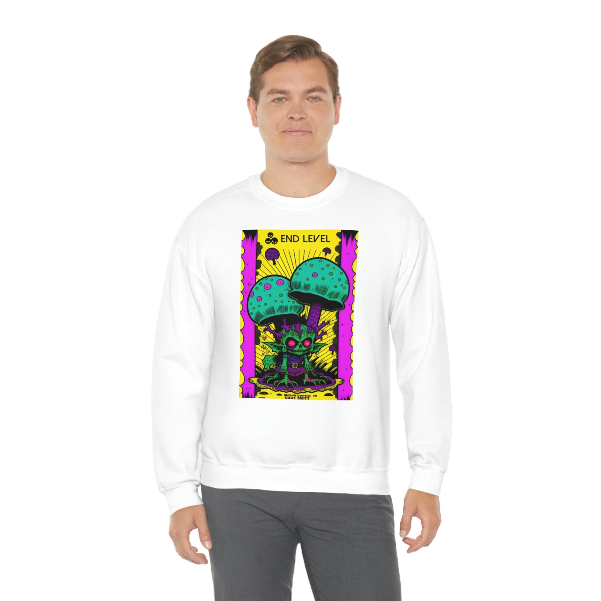 Man wearing white Tea Time sweatshirt with grey pants.