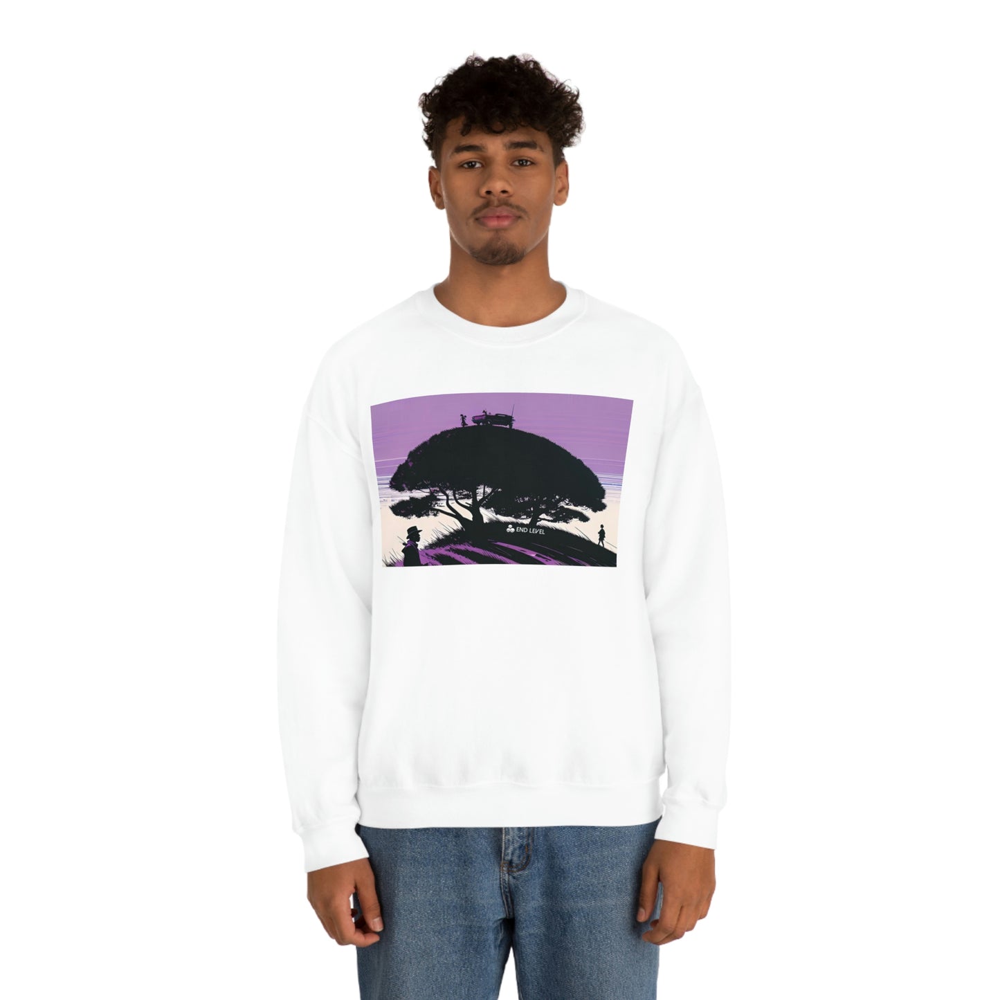 Man wearing white Tough Parking sweatshirt with blue jeans.