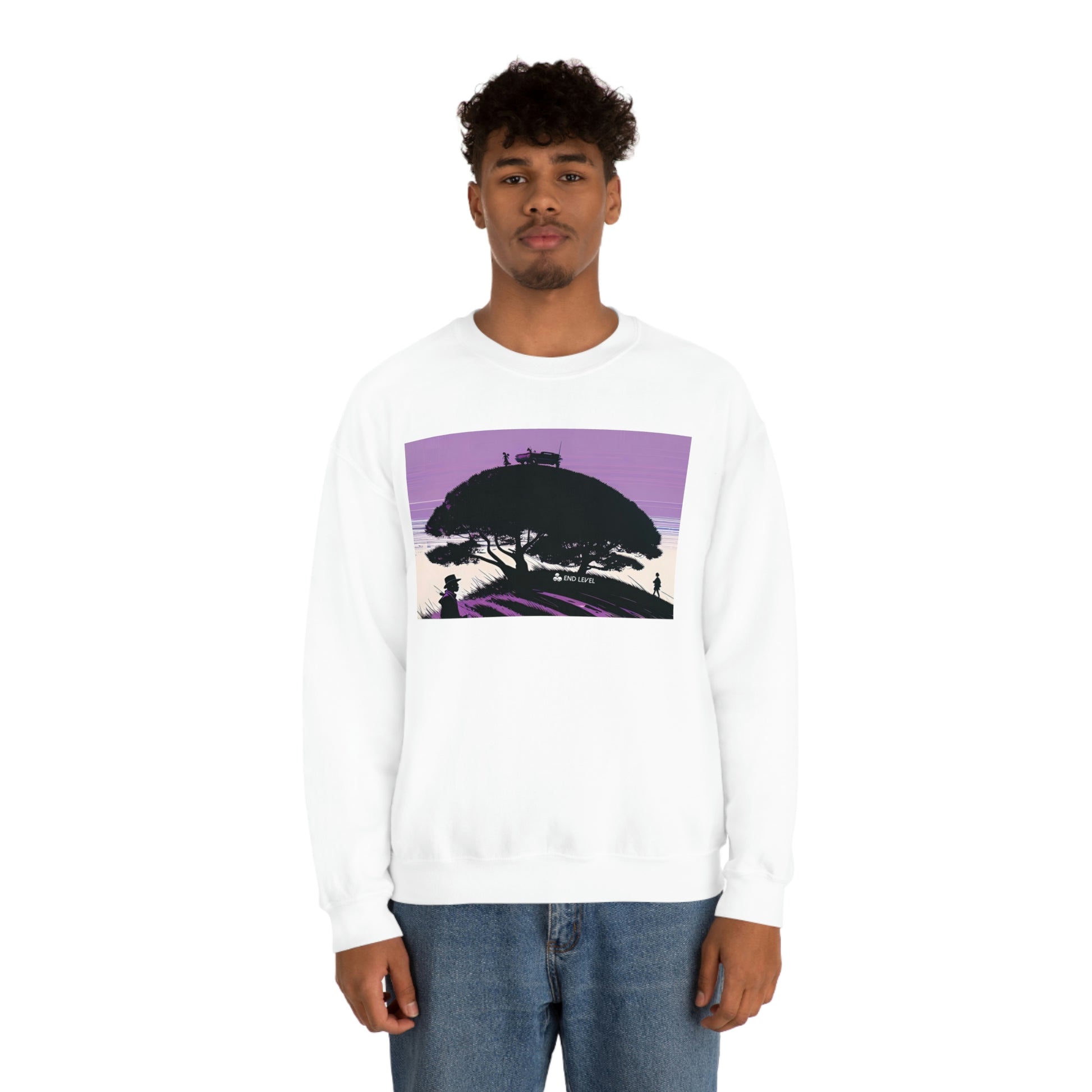 Man wearing white Tough Parking sweatshirt with blue jeans.