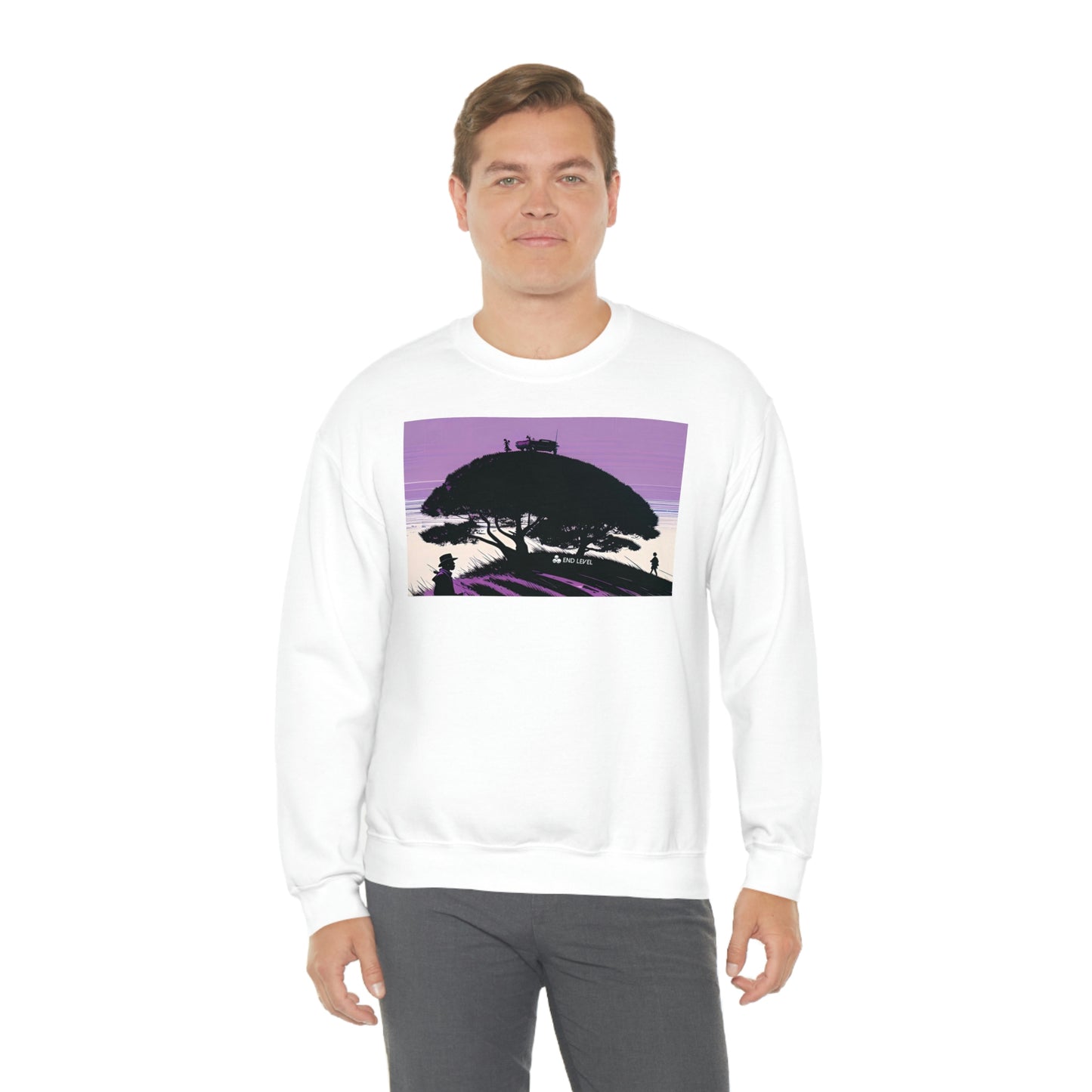 Man wearing white Tough Parking sweatshirt with grey pants.