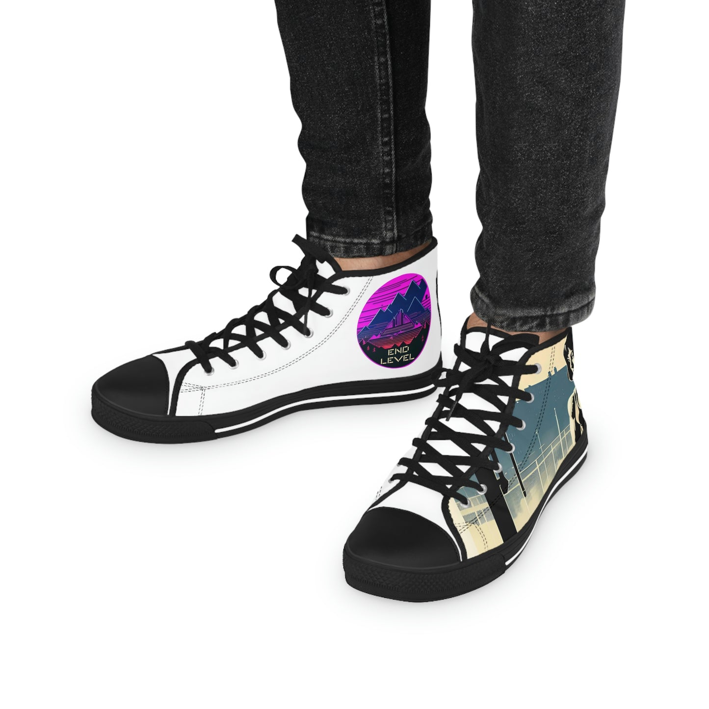 Person wearing Rob Boss's Hot Sneakers design canvas sneakers with black laces.