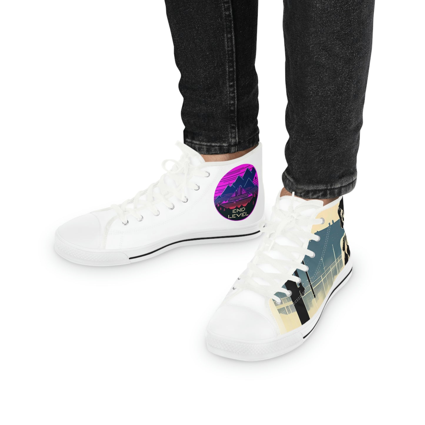 Person wearing Rob Boss's Hot Sneakers design canvas sneakers with white laces.