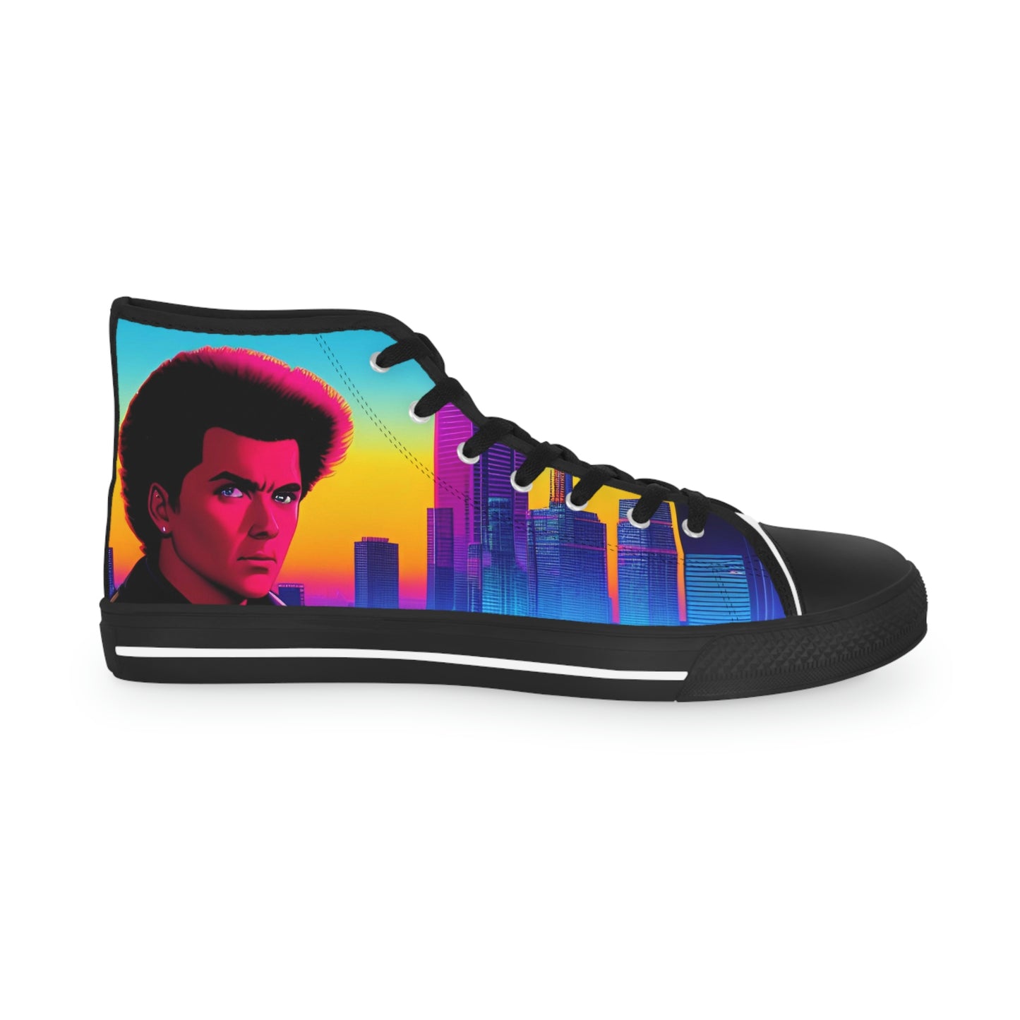 Right shoe outside view of Rob Boss's Hot Sneakers design canvas sneakers with black laces.