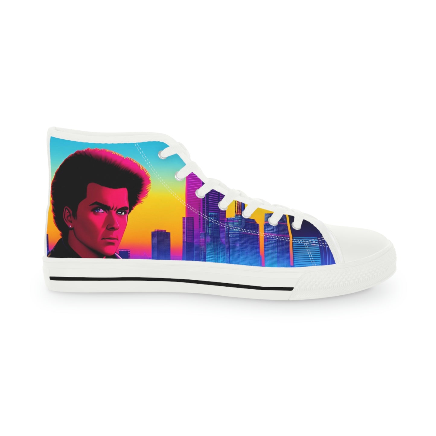 Right shoe outside view of Rob Boss's Hot Sneakers design canvas sneakers with white laces.