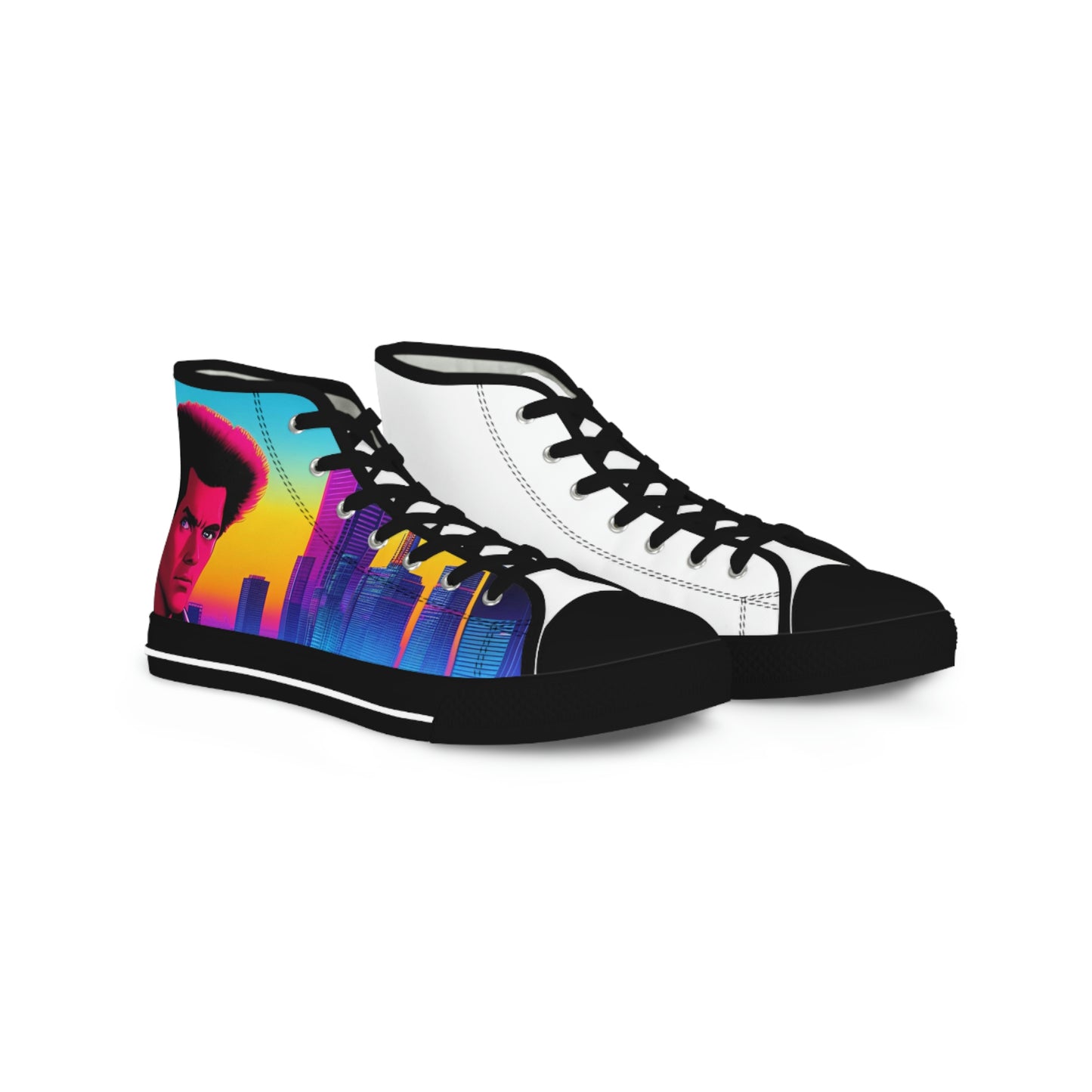 Right side view of both Rob Boss's Hot Sneakers design canvas sneakers with black laces.