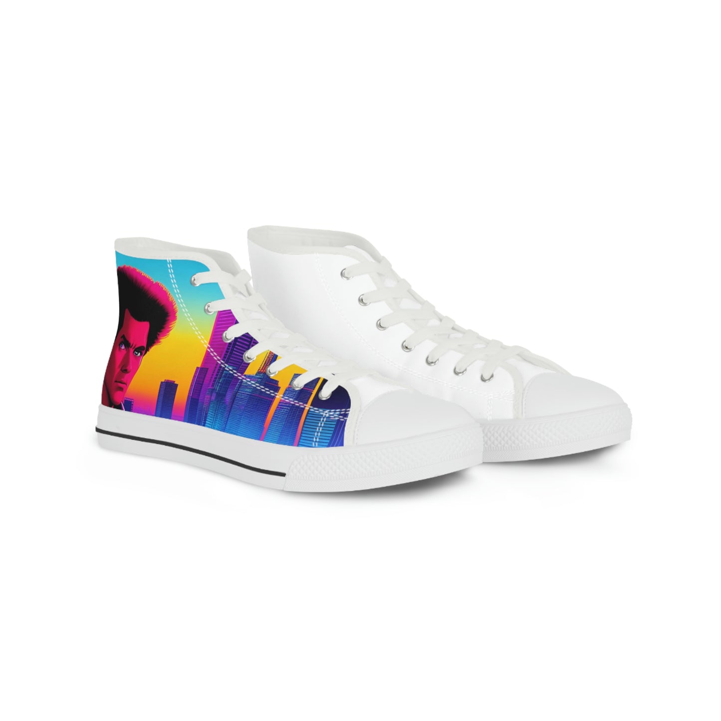 Right side view of both Rob Boss's Hot Sneakers design canvas sneakers with white laces.