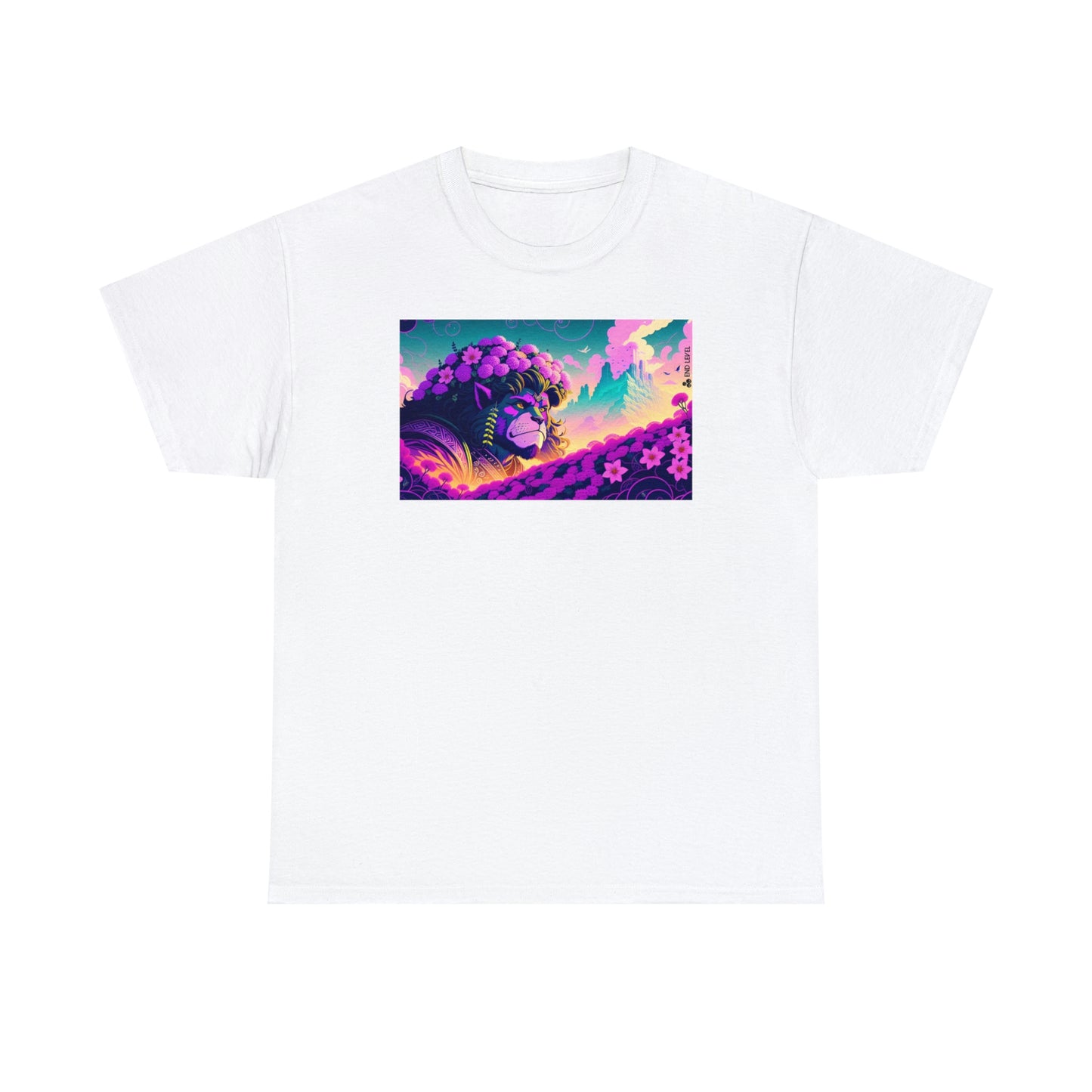 White tee with King Blossom design.