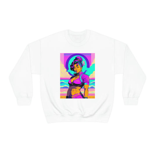 White sweatshirt with Lady Lotus design.