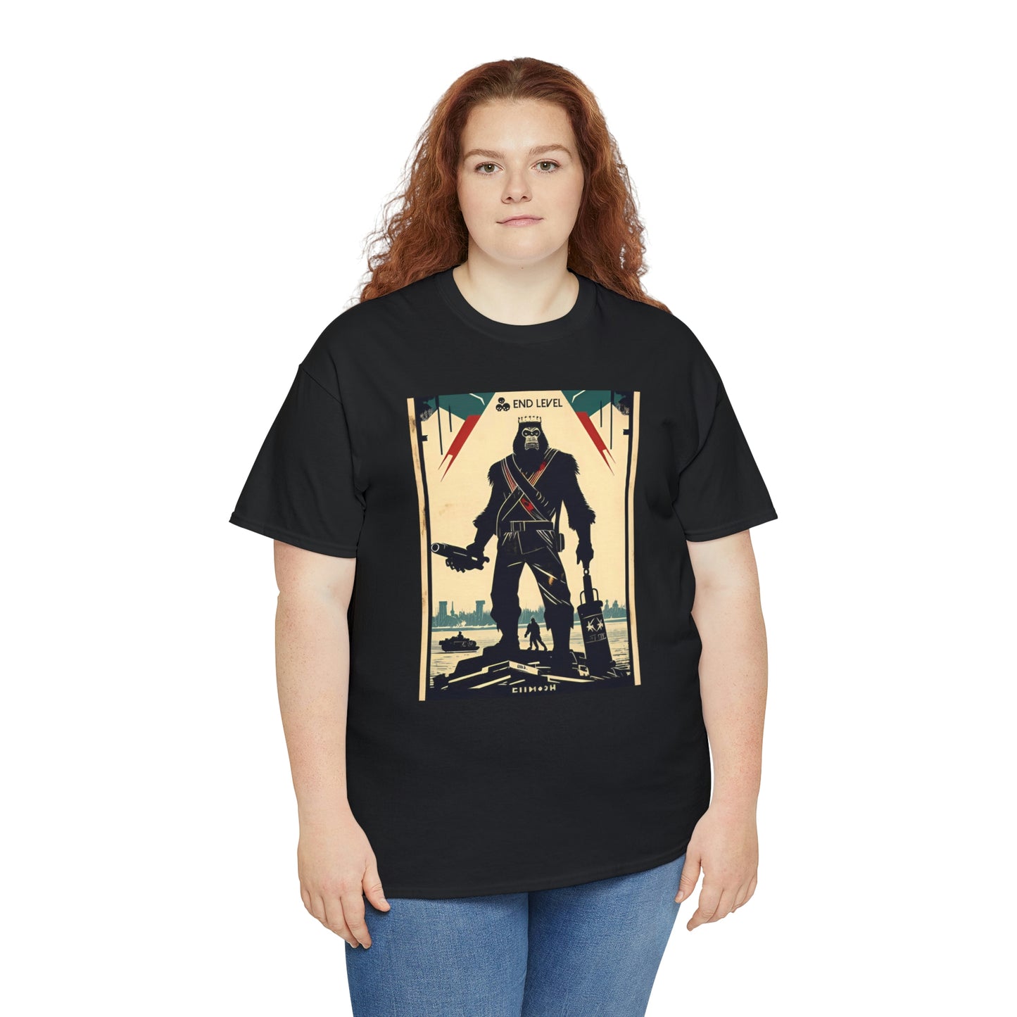 Woman wearing Ape-Man black tee with red hair.