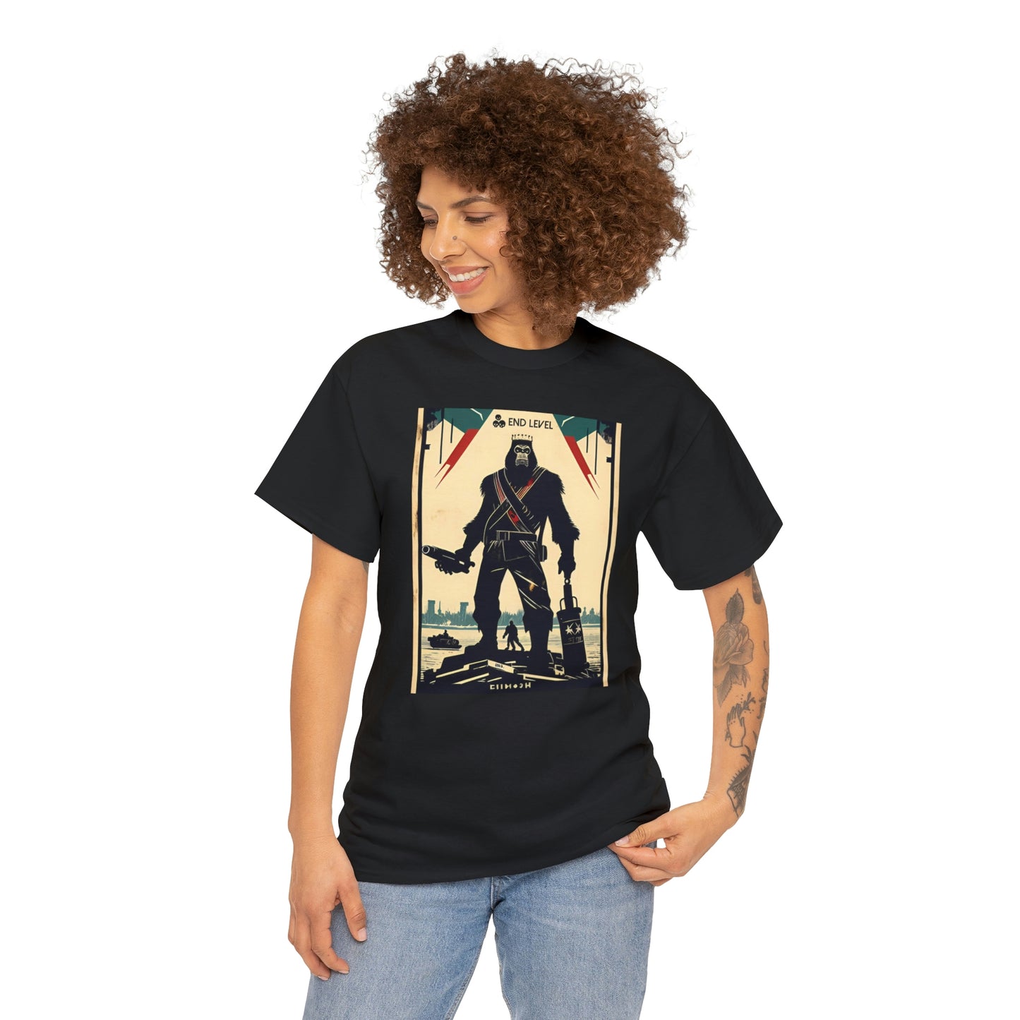 Woman wearing Ape-Man black tee looking right with hand on left hip.