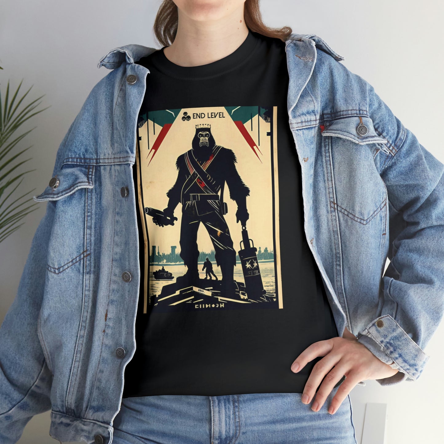 Woman wearing Ape-Man black tee with hand on hip.