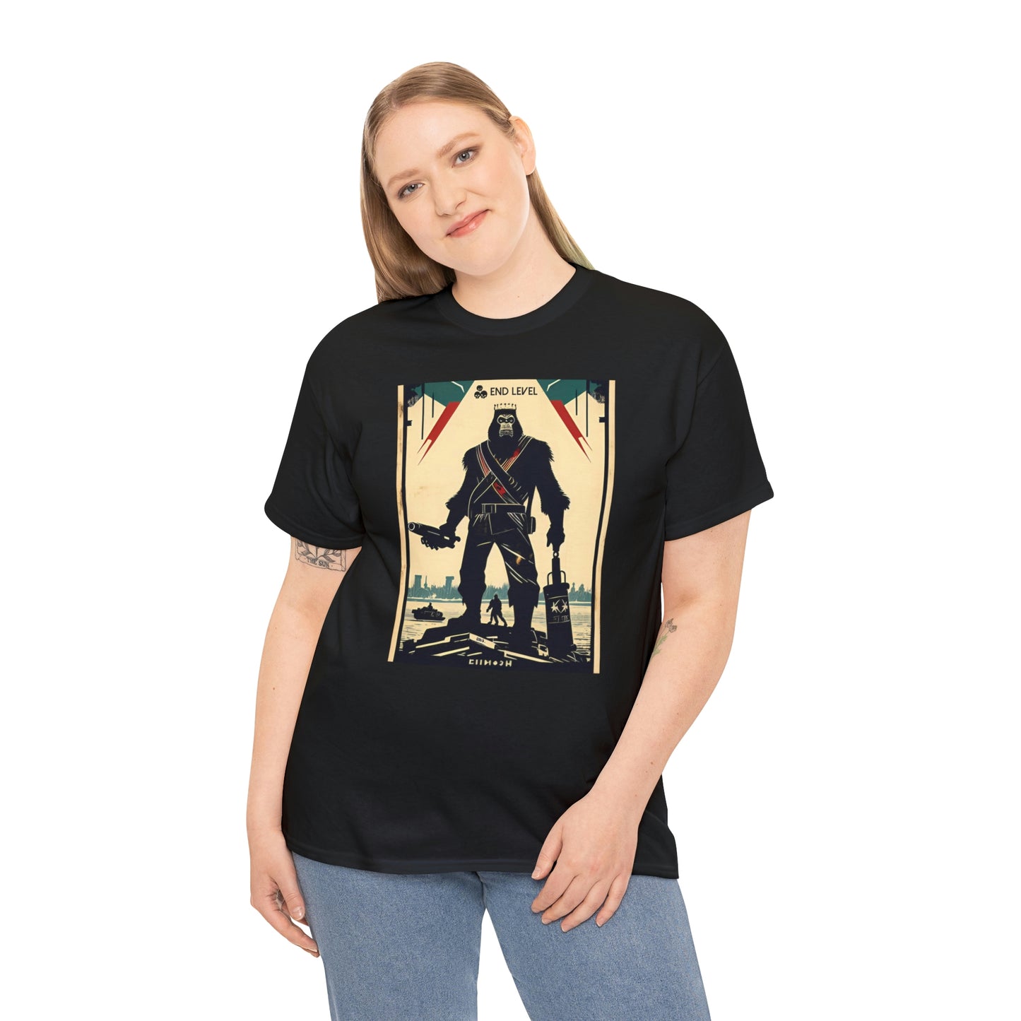 Woman wearing Ape-Man black tee with hand on right side.
