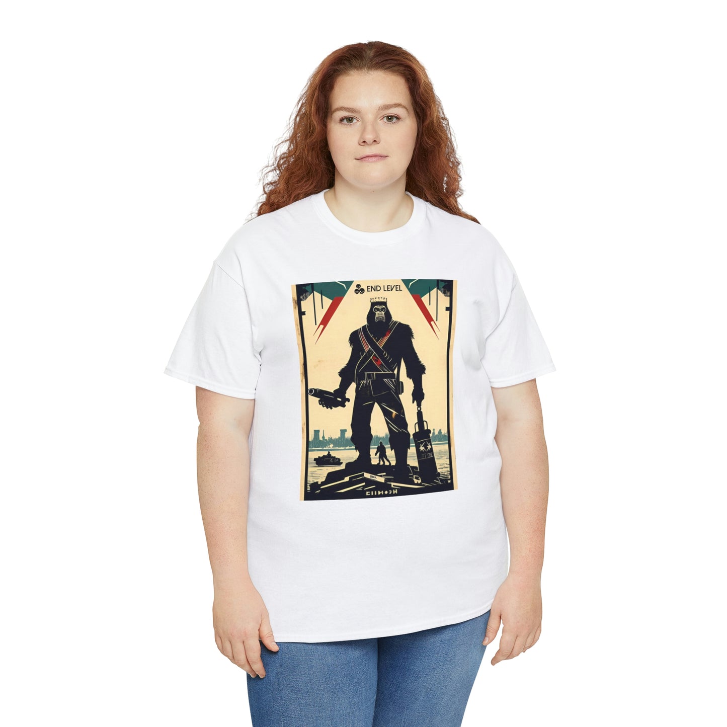 Woman wearing Ape-Man white tee with red hair.