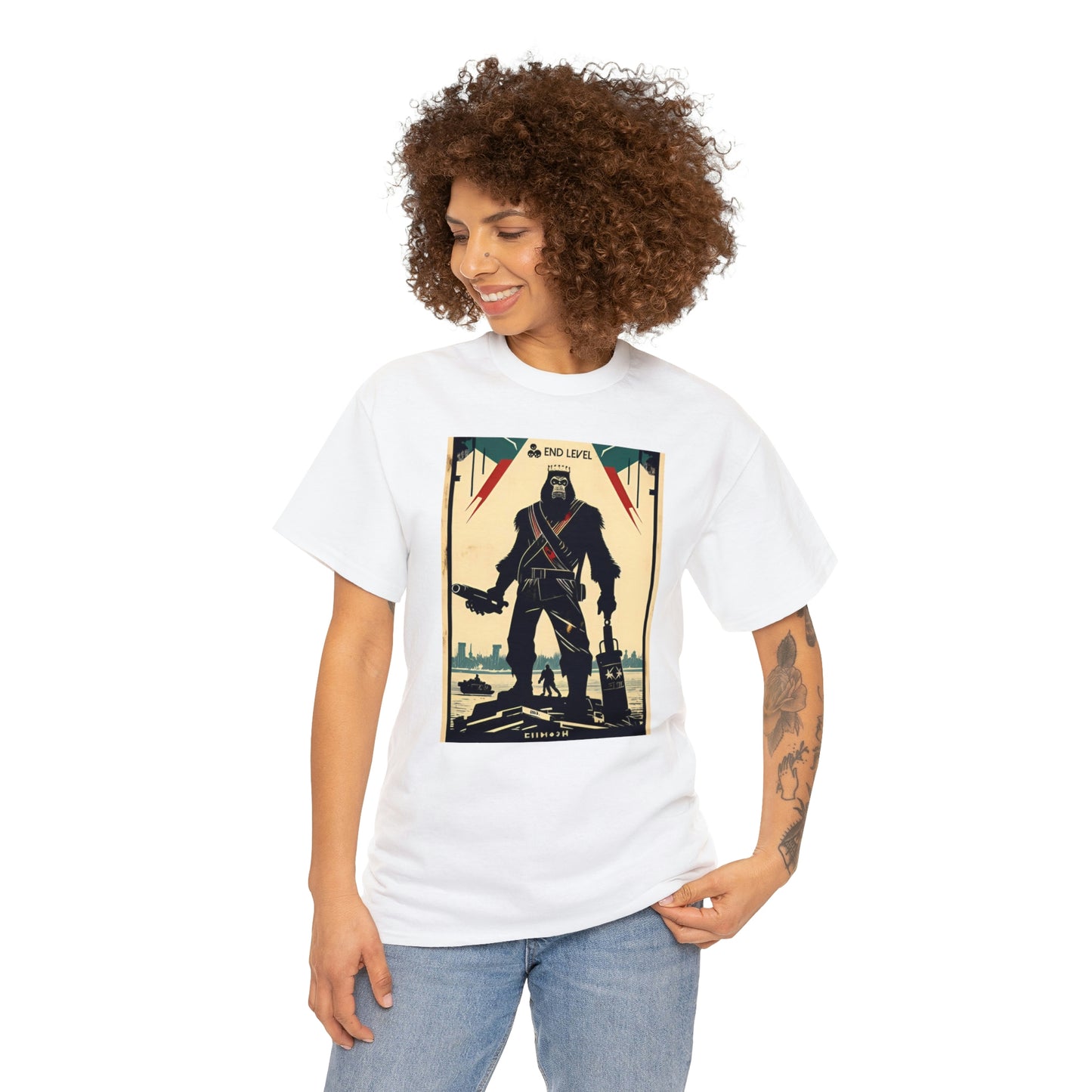 Woman wearing Ape-Man white tee looking right with hand on left hip.