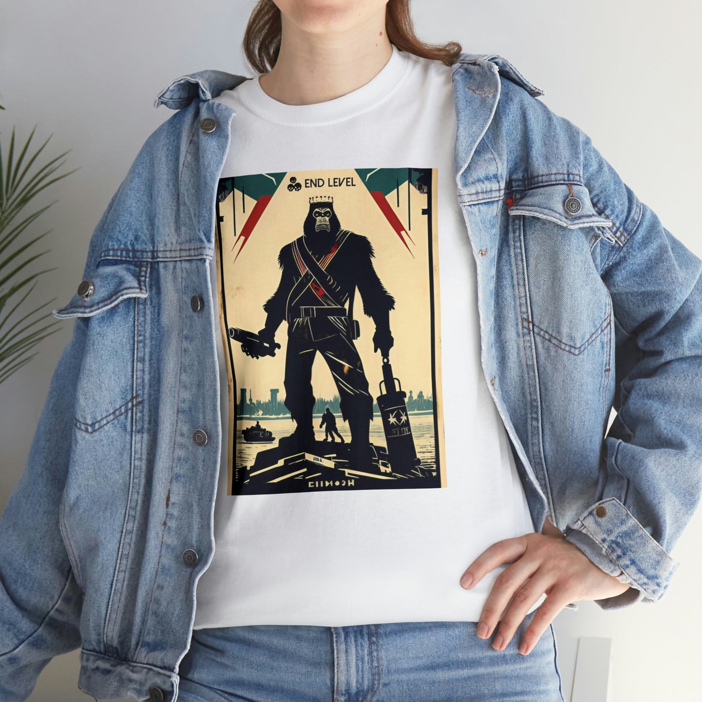 Woman wearing white Ape-Man tee with hand on hip.