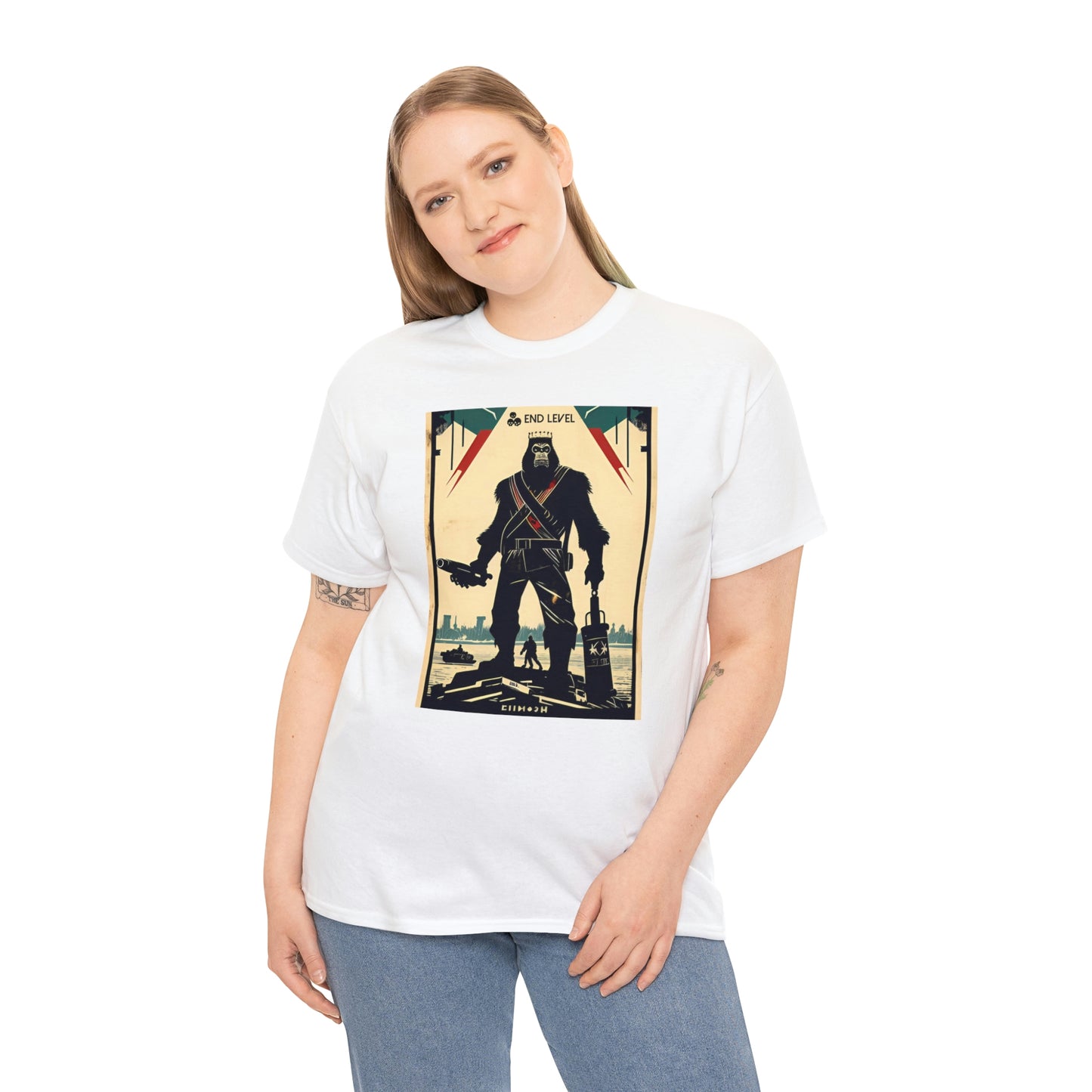 Woman wearing Ape-Man white tee with hand on right side.